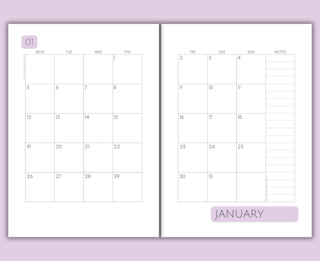 Printable 2 Page Calendar Spread 2026