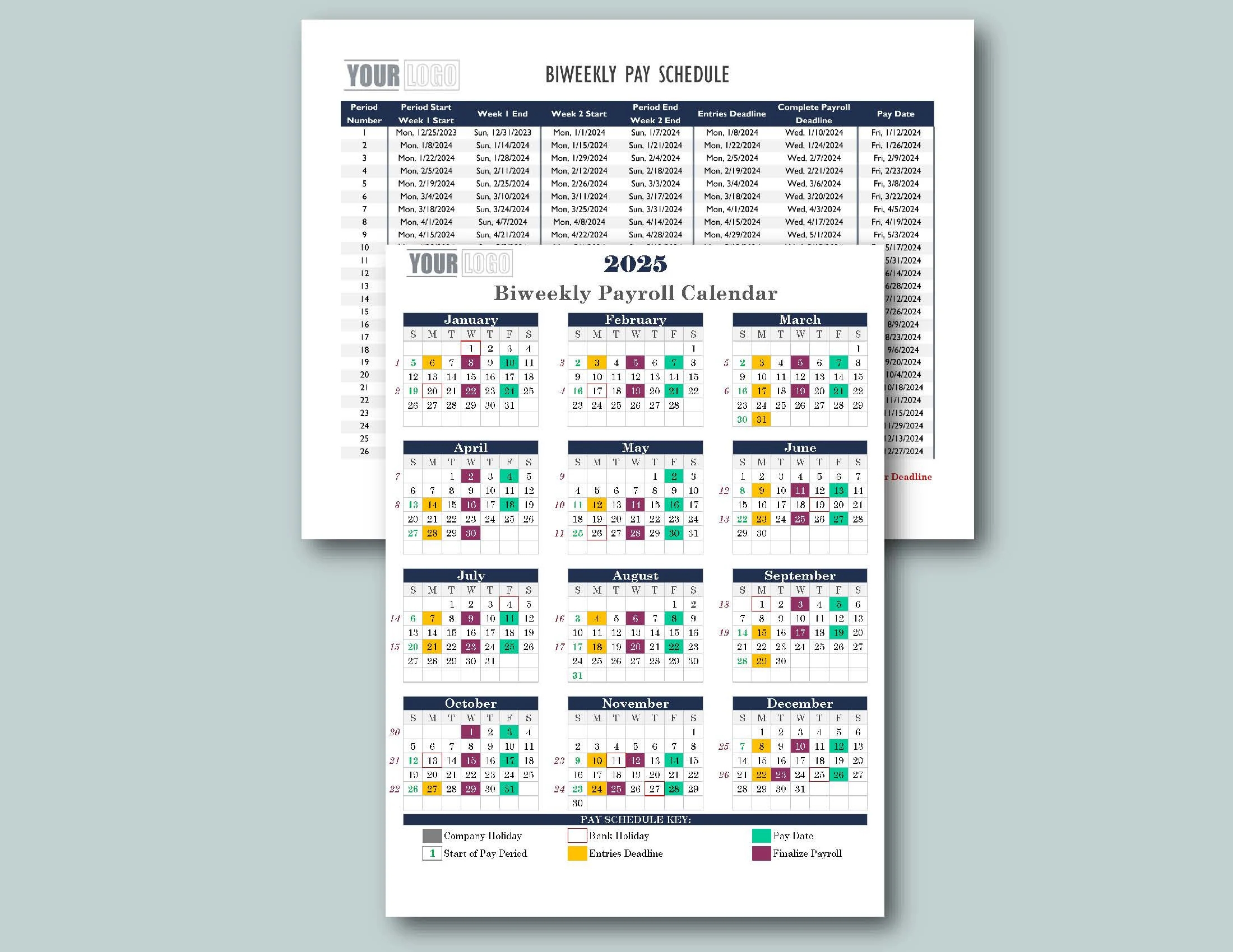 2025 Bi weekly Payroll Calendar Schedule Template excel Download printable Etsy