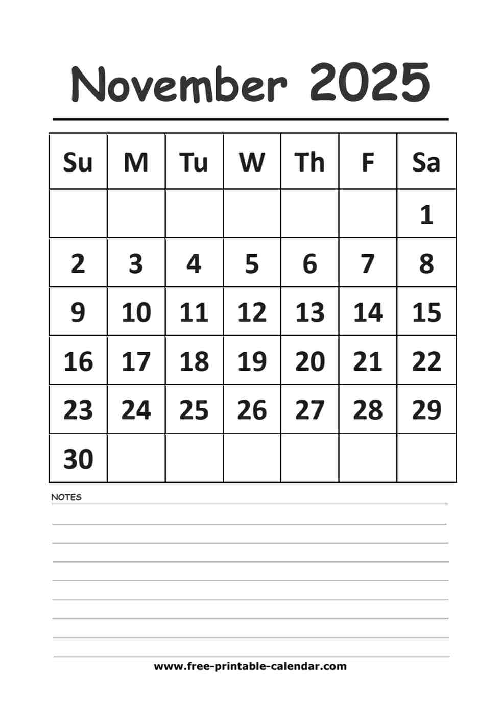 2025 Calendar November Printable