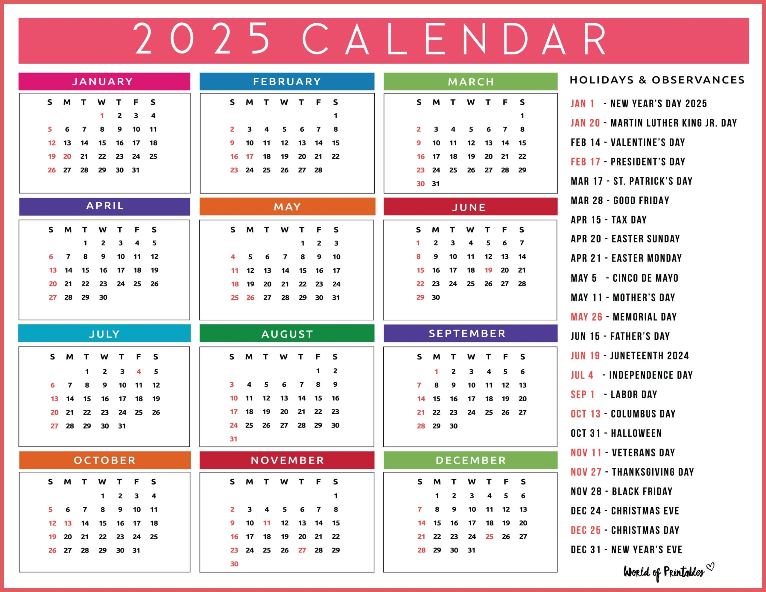 2025 Calendar With Holidays Free Printables In 28 Unique Styles World Of Printables