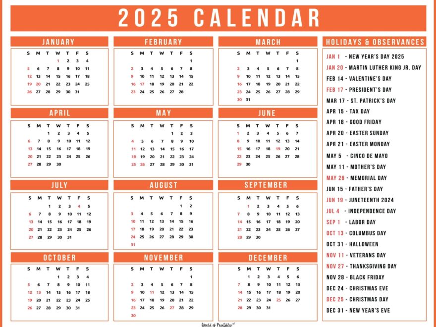 2025 Calendar With Holidays Free Printables In 28 Unique Styles World Of Printables
