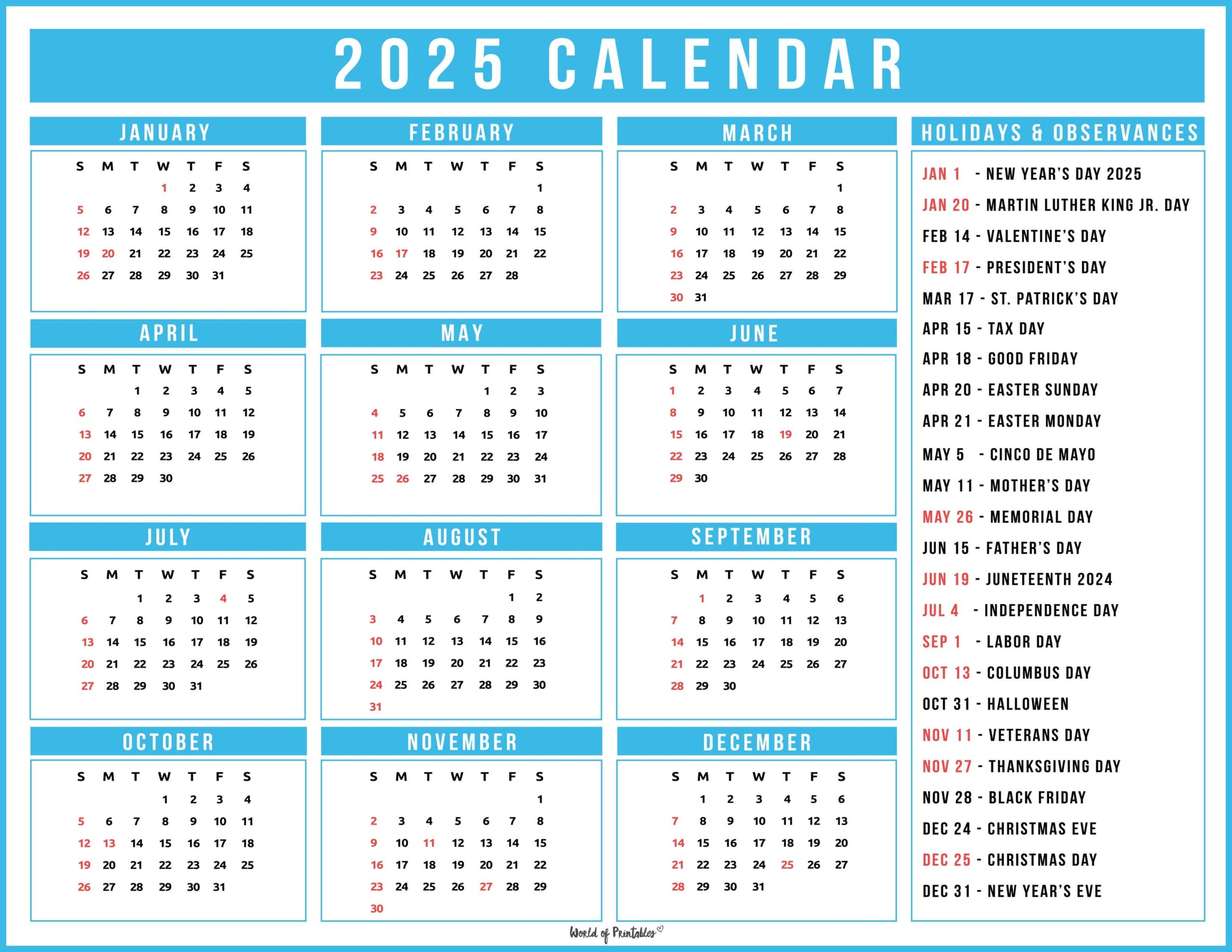 2025 Calendar With Holidays Free Printables In 28 Unique Styles World Of Printables