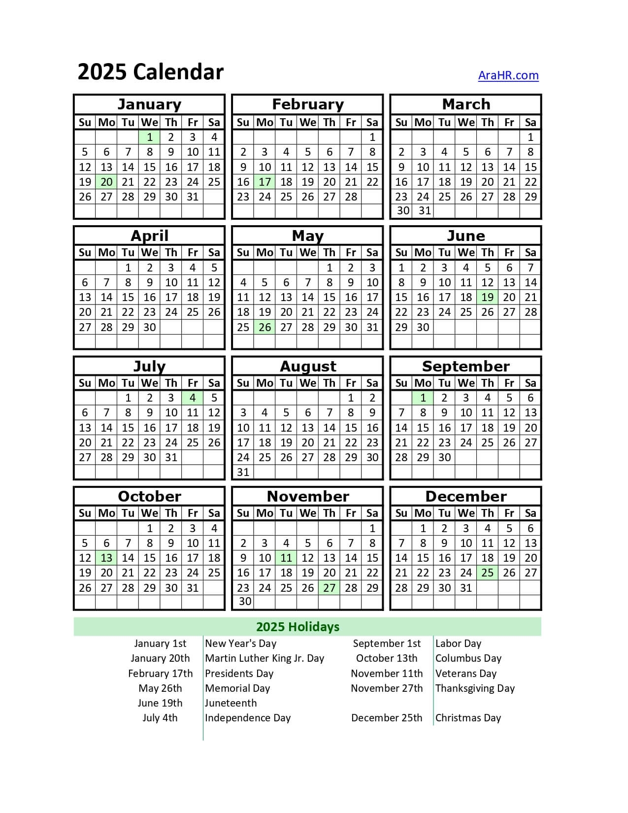 2025 Calendar Yearly Monthly Free Printable Template Excel PDF Image