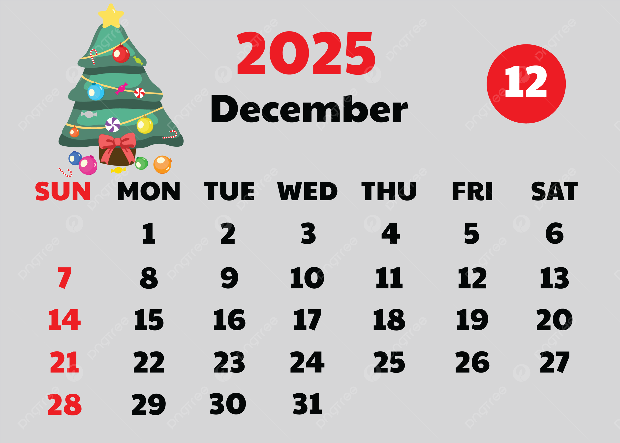 2025 December Calendar Cute Design Vector With Cartoon Christmas Tree Gray Background Template Download On Pngtree