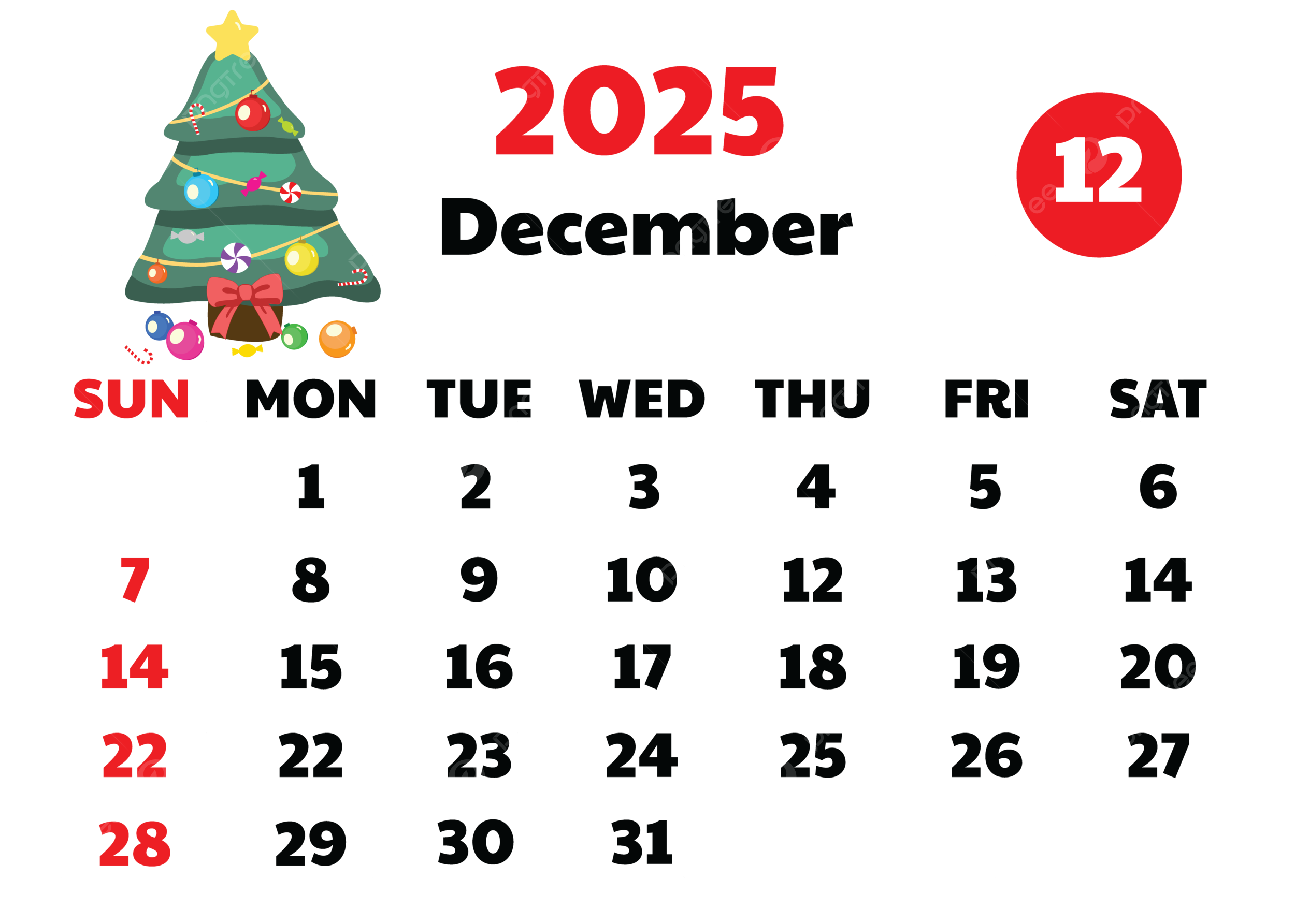 2025 December Calendar Transperent Cute Design Vector With Cartoon Christmas Tree Christmas Clipart Tree Clipart Cute Clipart PNG And Vector With Transparent Background For Free Download