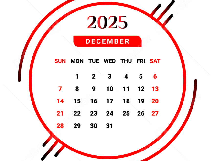 2025 December Month Calendar Red And Black Vector Monthly Calendar Calendar December 2025 PNG And Vector With Transparent Background For Free Download