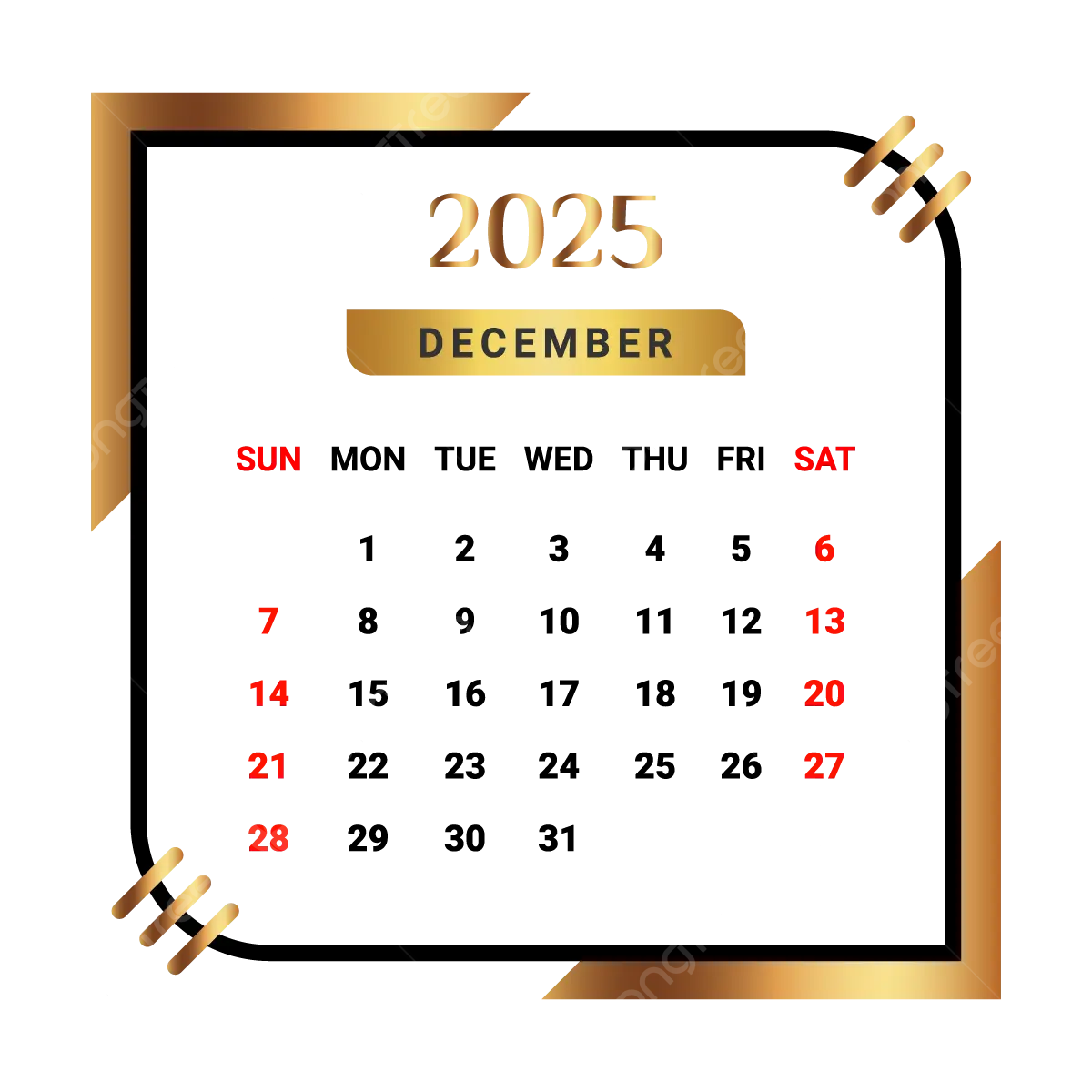 2025 December Month Calendar With Black And Golden Vector Monthly Calendar Calendar December 2025 PNG And Vector With Transparent Background For Free Download