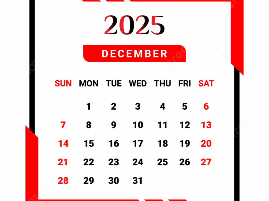 2025 December Month Calendar With Red And Black Unique Style Vector Monthly Calendar Calendar December 2025 PNG And Vector With Transparent Background For Free Download