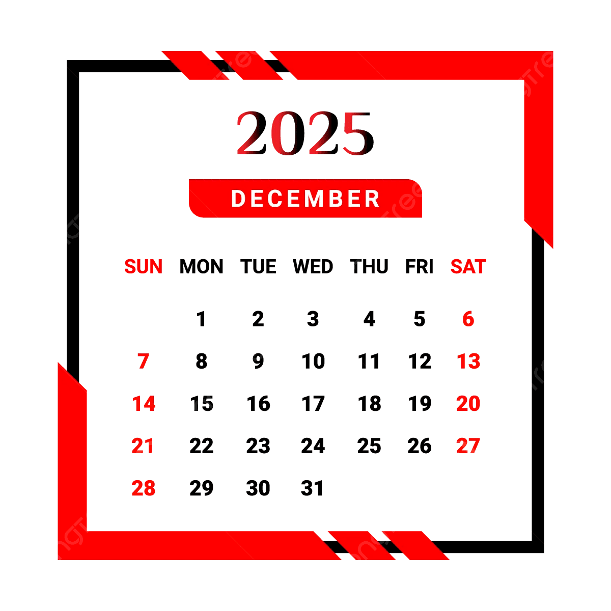 2025 December Month Calendar With Red And Black Unique Style Vector Monthly Calendar Calendar December 2025 PNG And Vector With Transparent Background For Free Download
