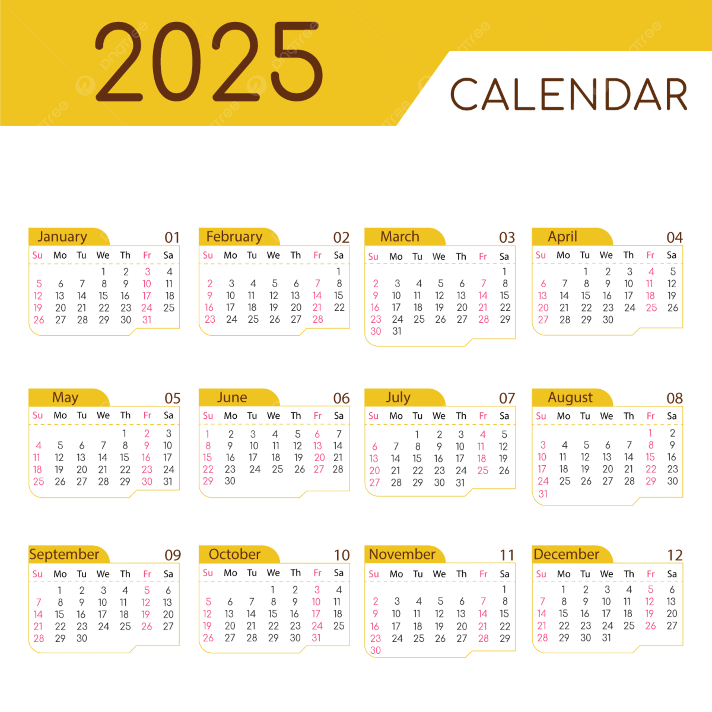 2025 English Calendar Yellow Vector English Calendar 2025 PNG And Vector With Transparent Background For Free Download