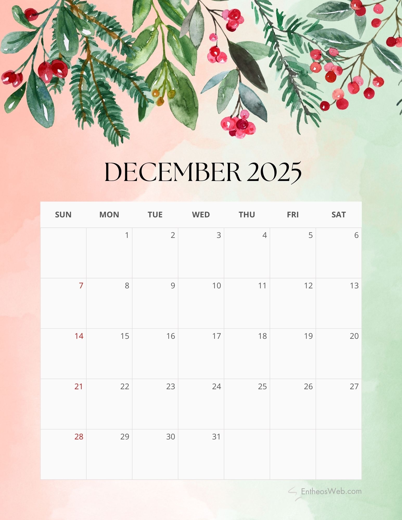 2025 Floral Monthly Calendar Free PDF Printable EntheosWeb