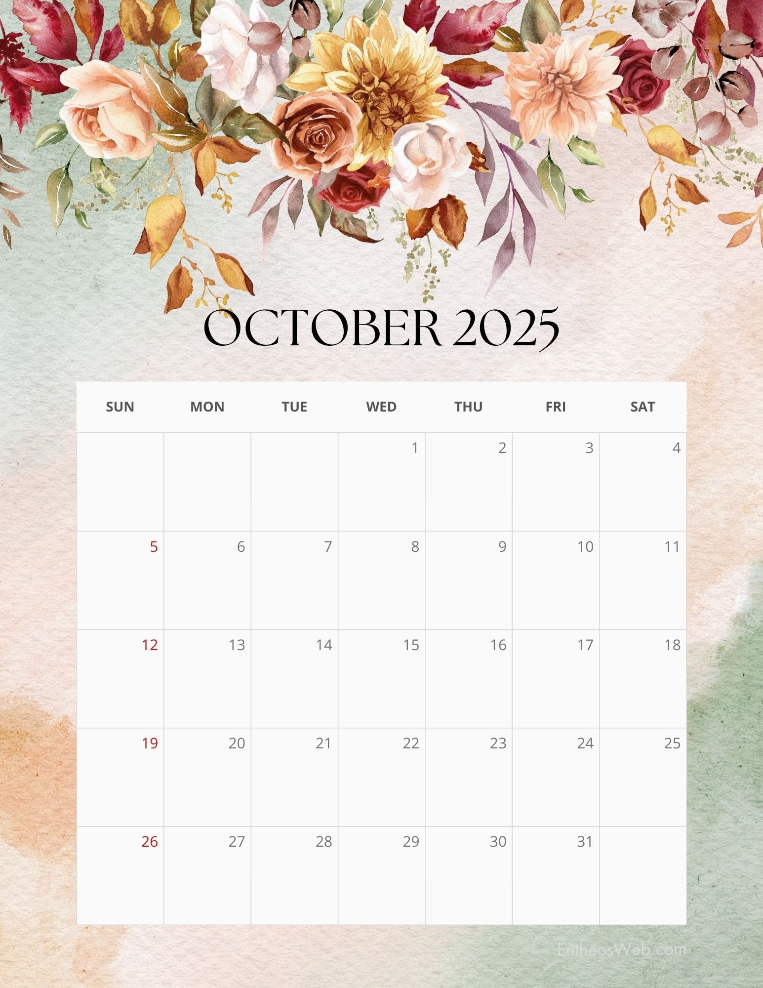 2025 Floral Monthly Calendar Free PDF Printable EntheosWeb
