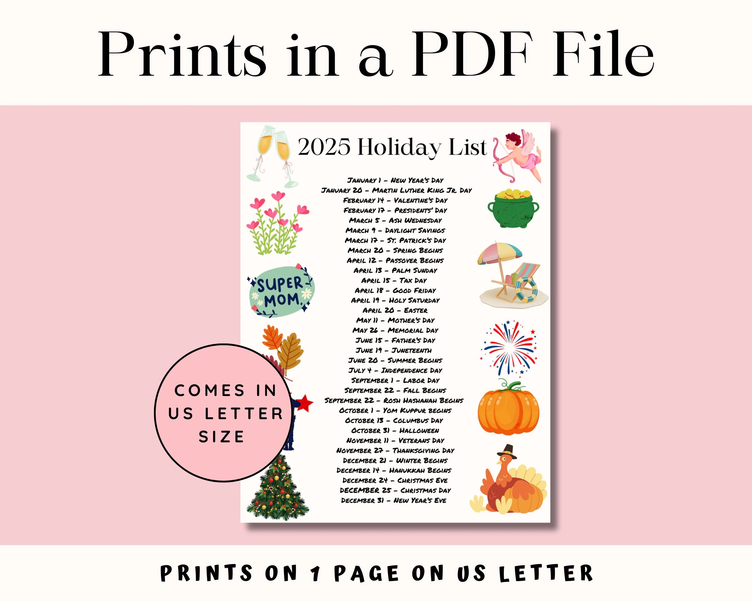2025 Holiday List Printable Fridge Desk Planner PDF Etsy