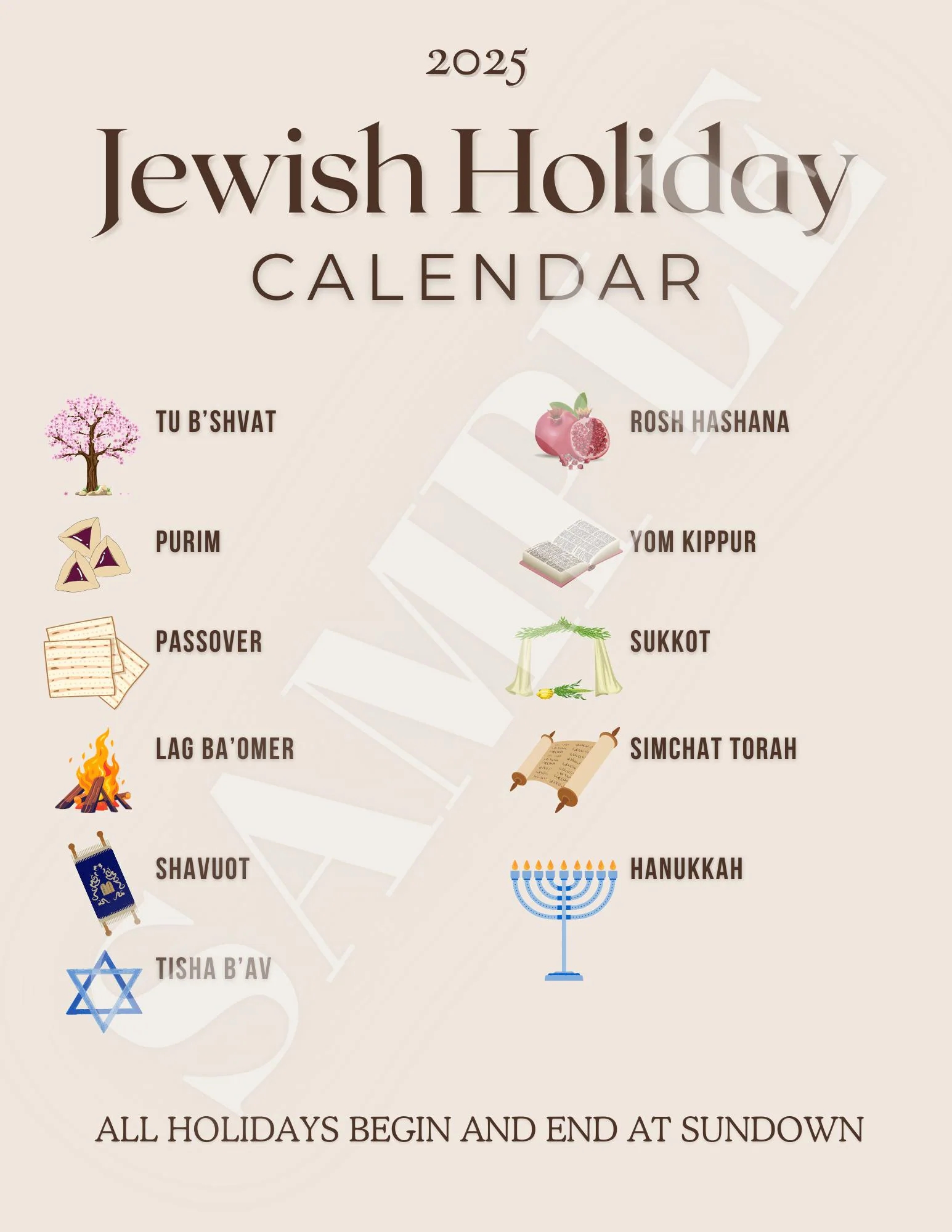 2025 Jewish Holiday Calendar Etsy