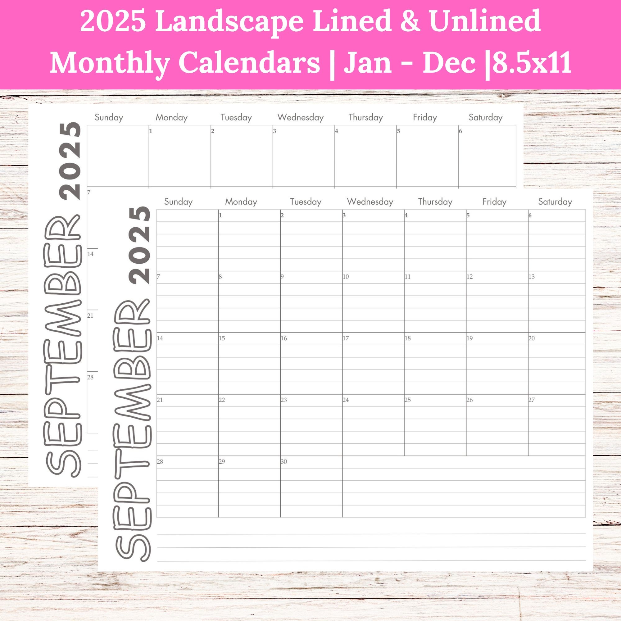 2025 Landscape Lined Unlined Monthly Calendars Jan Dec PDF Printable Download