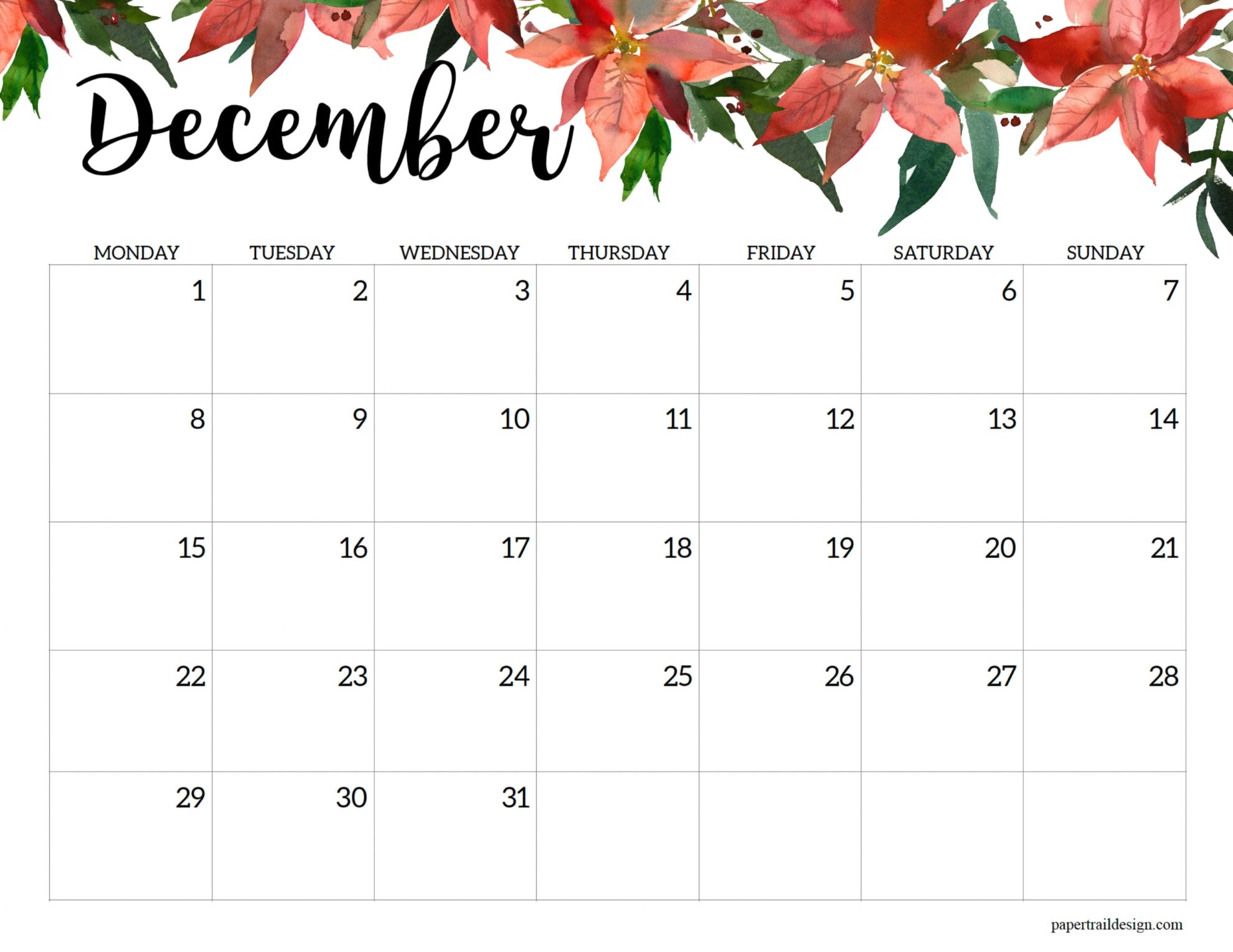 2025 Monday Start Floral Calendar Paper Trail Design