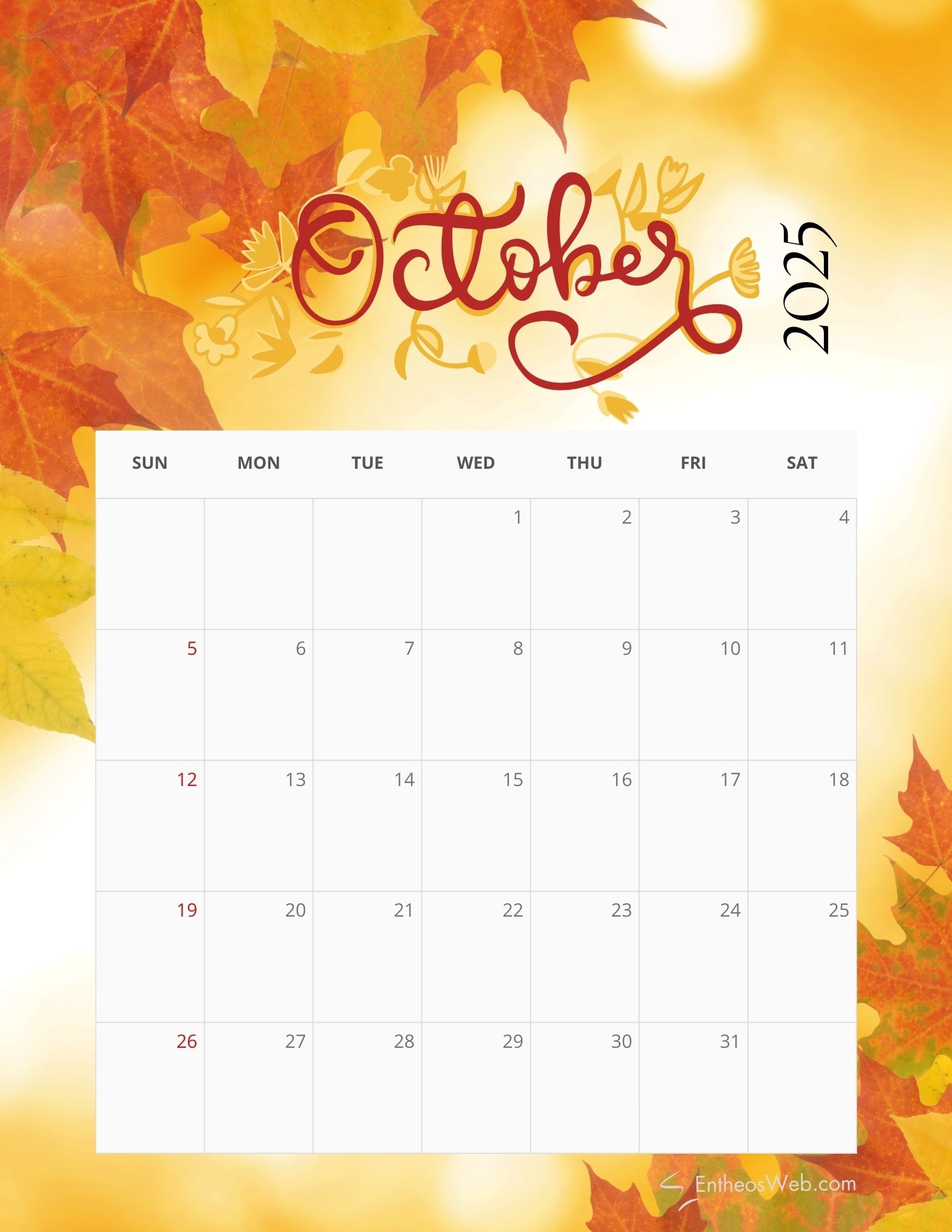 2025 Monthly Calendar Free PDF Printable EntheosWeb
