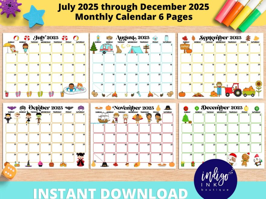 2025 Monthly Calendar Printable INSTANT DOWNLOAD July 2025 Through December 2025 PDF Calendar 2025 Calendar Kids Printable Etsy
