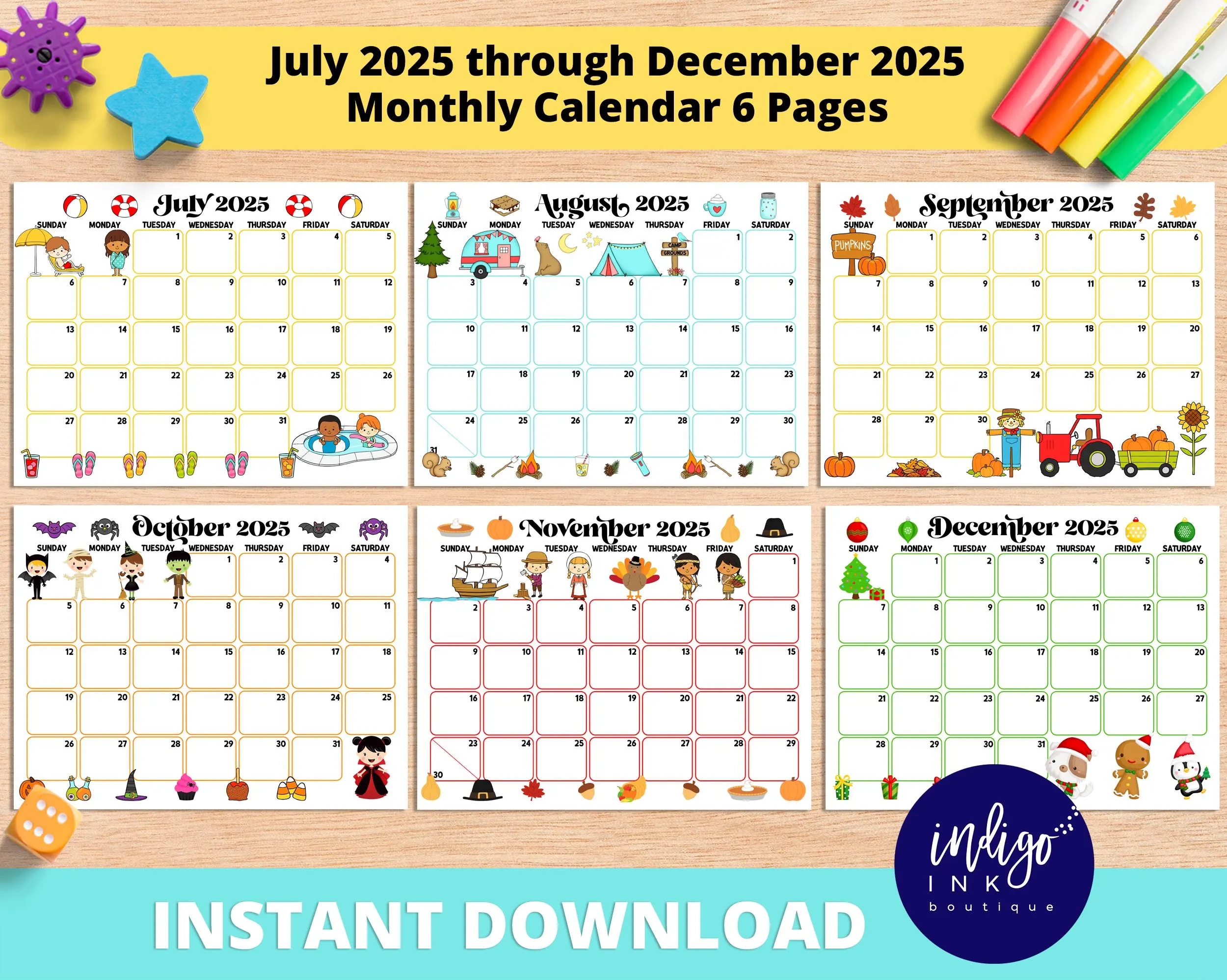 2025 Monthly Calendar Printable INSTANT DOWNLOAD July 2025 Through December 2025 PDF Calendar 2025 Calendar Kids Printable Etsy