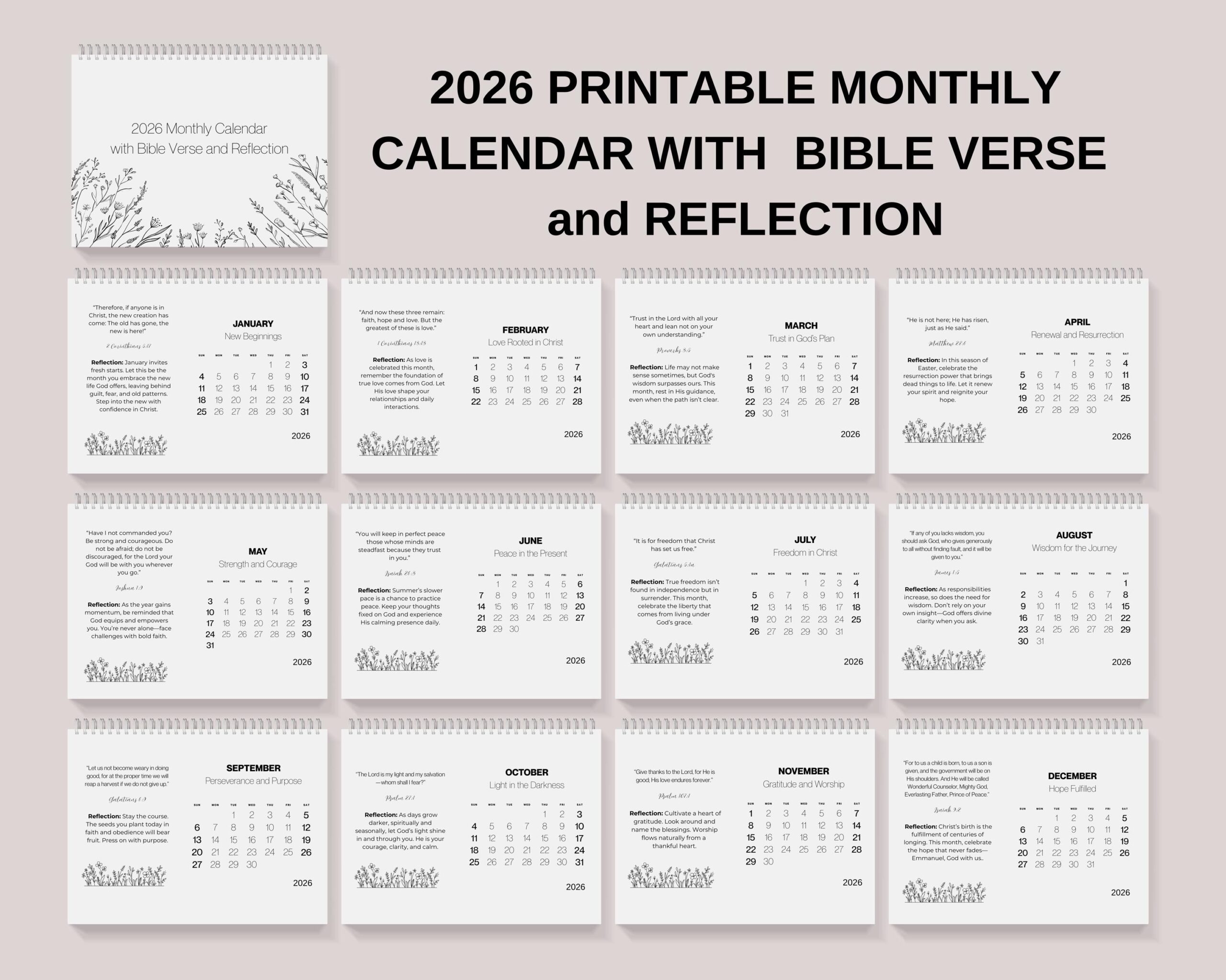 2025 Monthly Calendar Watercolor Flowers Bible Verse digital Download Etsy
