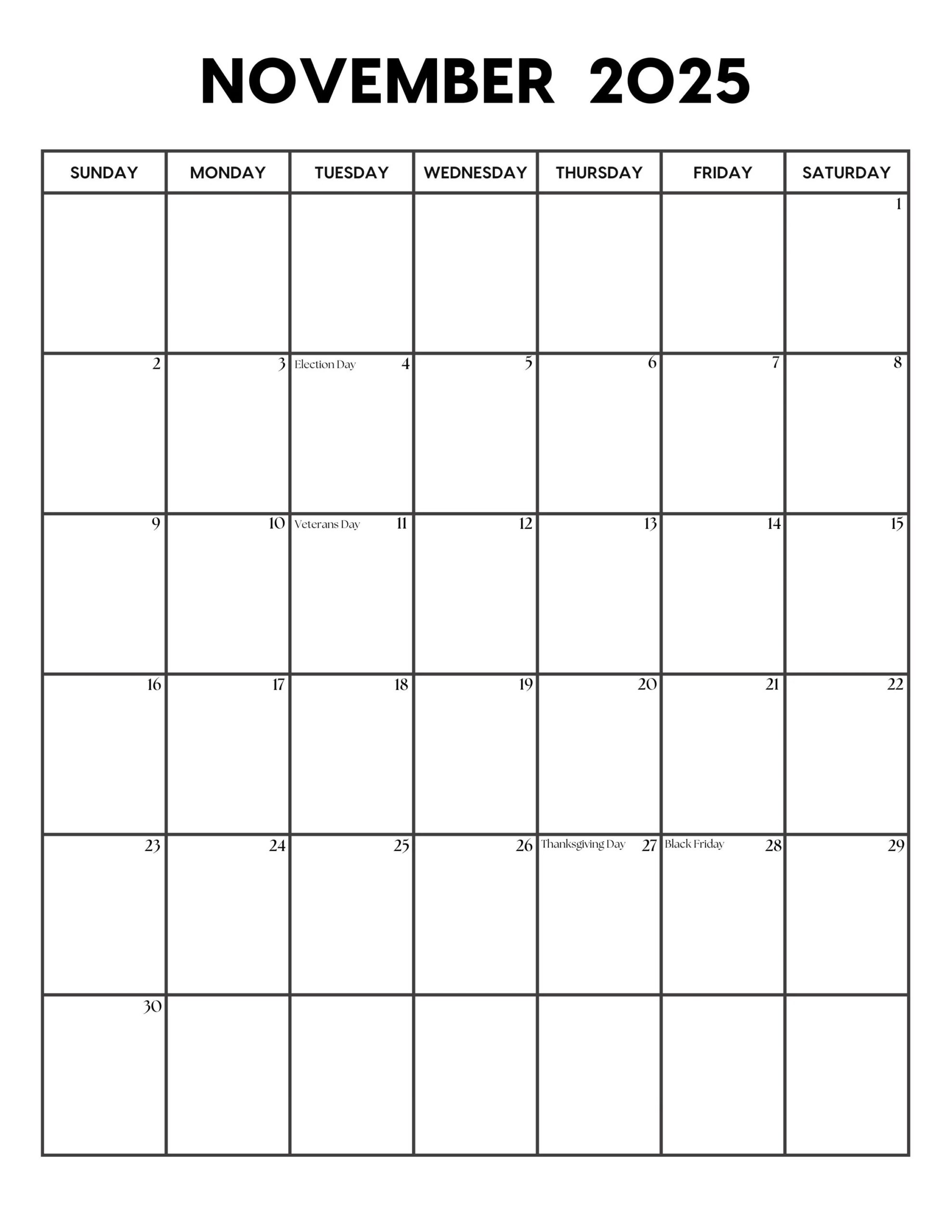 2025 November Calendar With Holidays November Calendar Printable Sunday Monday Start Letter A4 PDF PNG November Planner Etsy