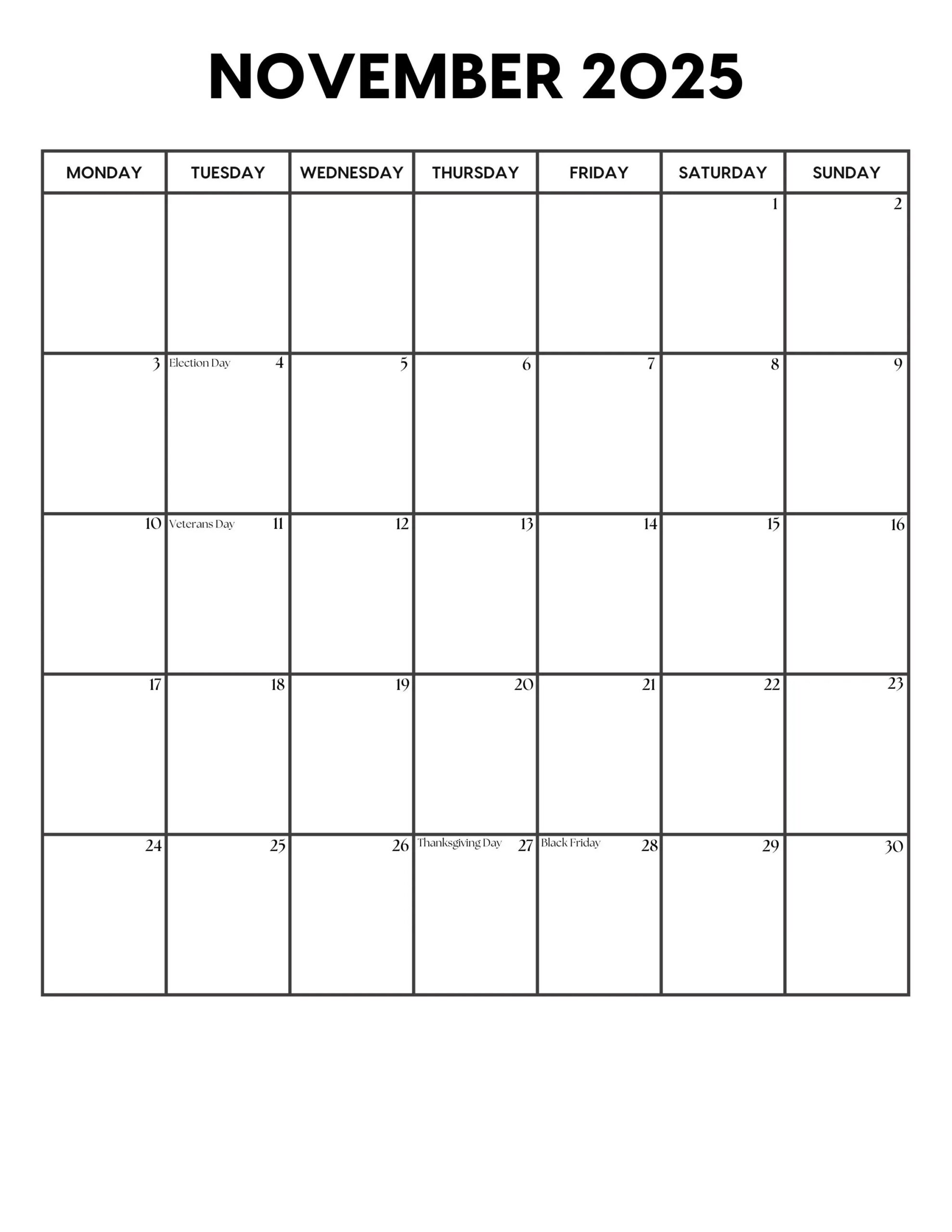 2025 November Calendar With Holidays November Calendar Printable Sunday Monday Start Letter A4 PDF PNG November Planner Etsy