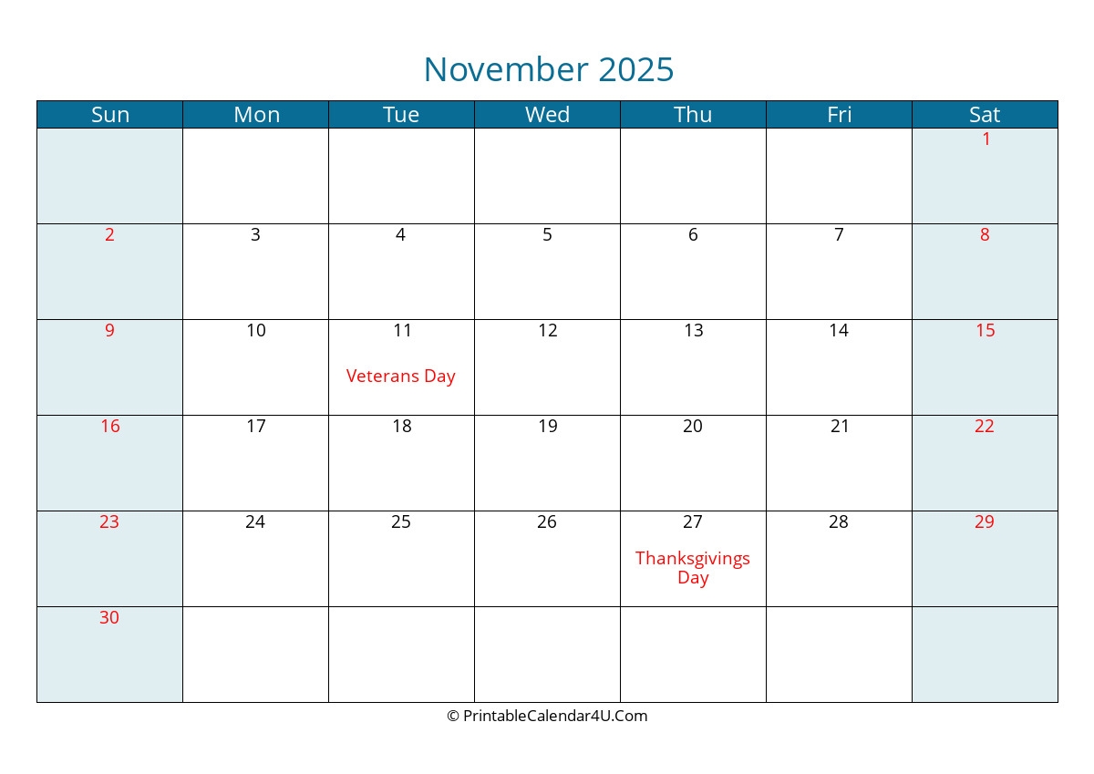 Editable November Calendar 2025