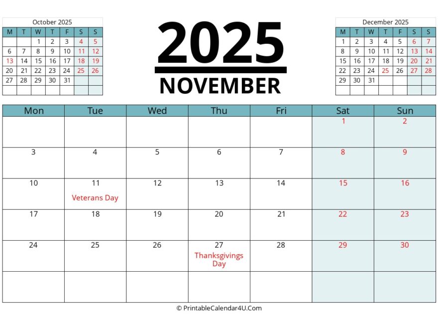 2025 November Calendars PrintableCalendar4U Com