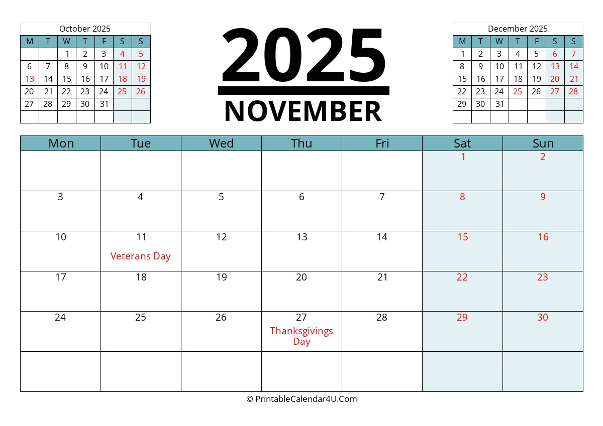 2025 November Calendars PrintableCalendar4U Com