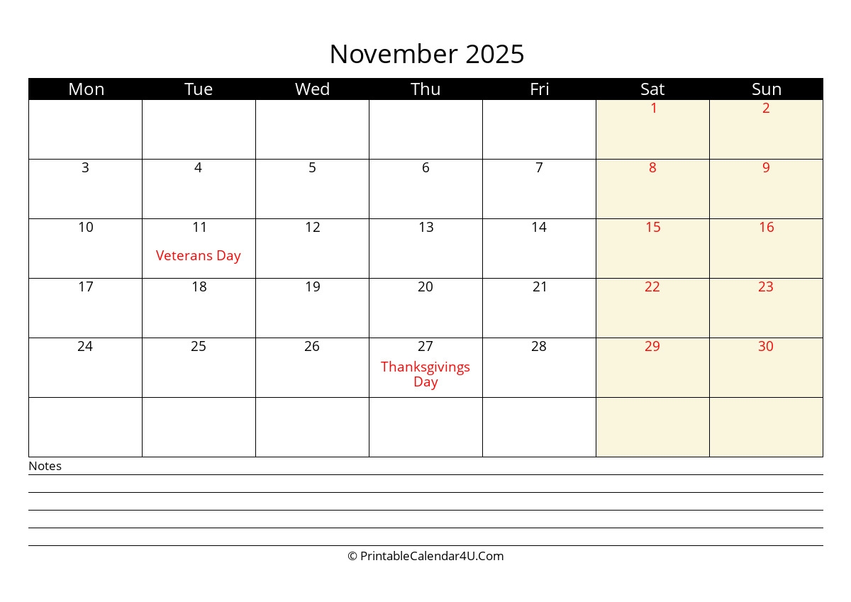 November 2025 Calendar Monday To Sunday