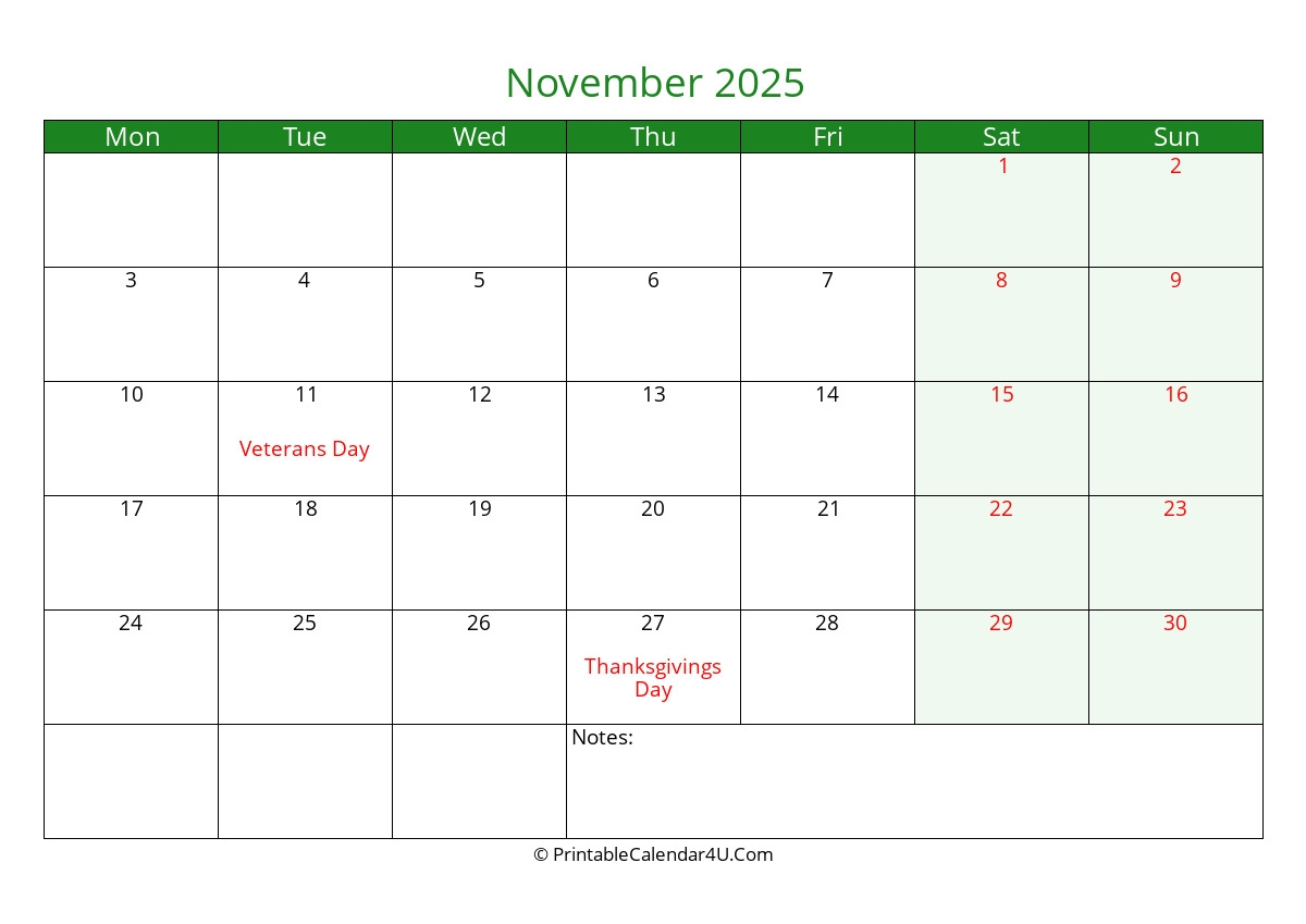 2025 November Calendars PrintableCalendar4U Com