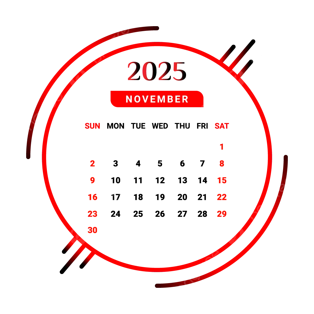 2025 November Month Calendar Red And Black Vector Monthly Calendar Calendar November 2025 PNG And Vector With Transparent Background For Free Download
