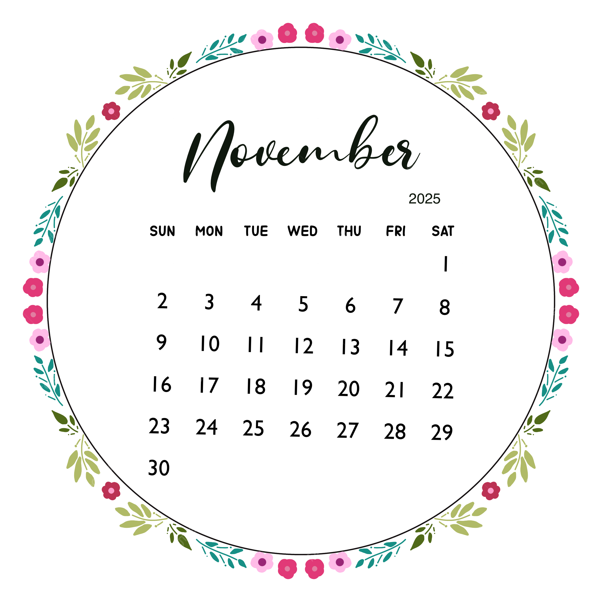 2025 November Month Calendar With Circle Flower Frame 2025 November Montly Calendar Calendar With Flower PNG Transparent Clipart Image And PSD File For Free Download