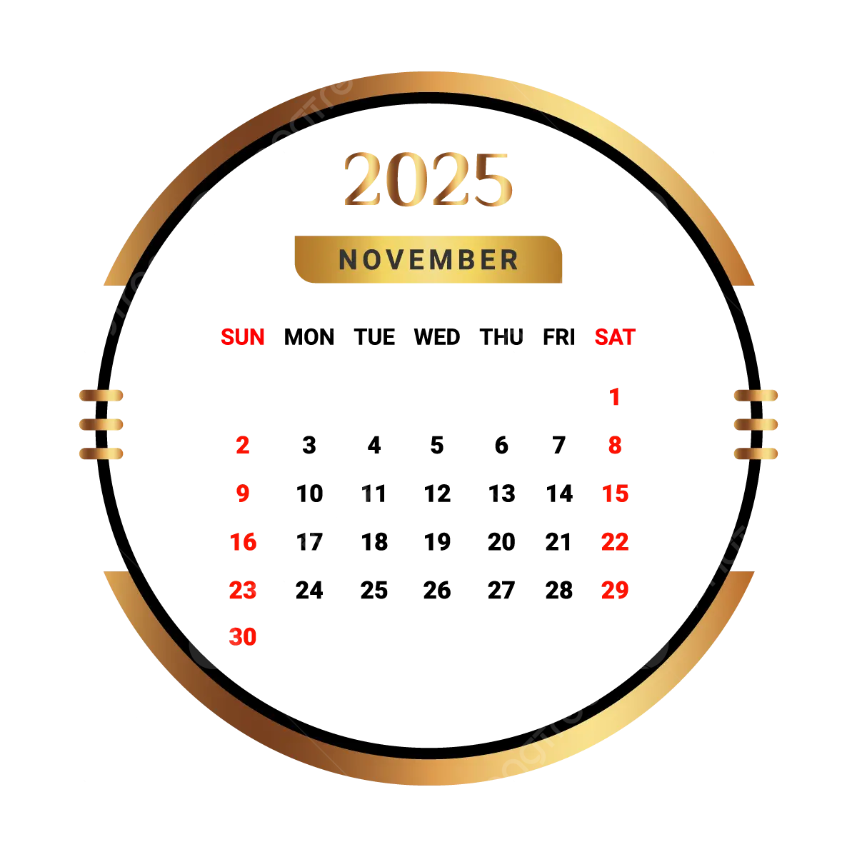 2025 November Month Calendar With Golden And Black Vector Monthly Calendar Calendar November 2025 PNG And Vector With Transparent Background For Free Download
