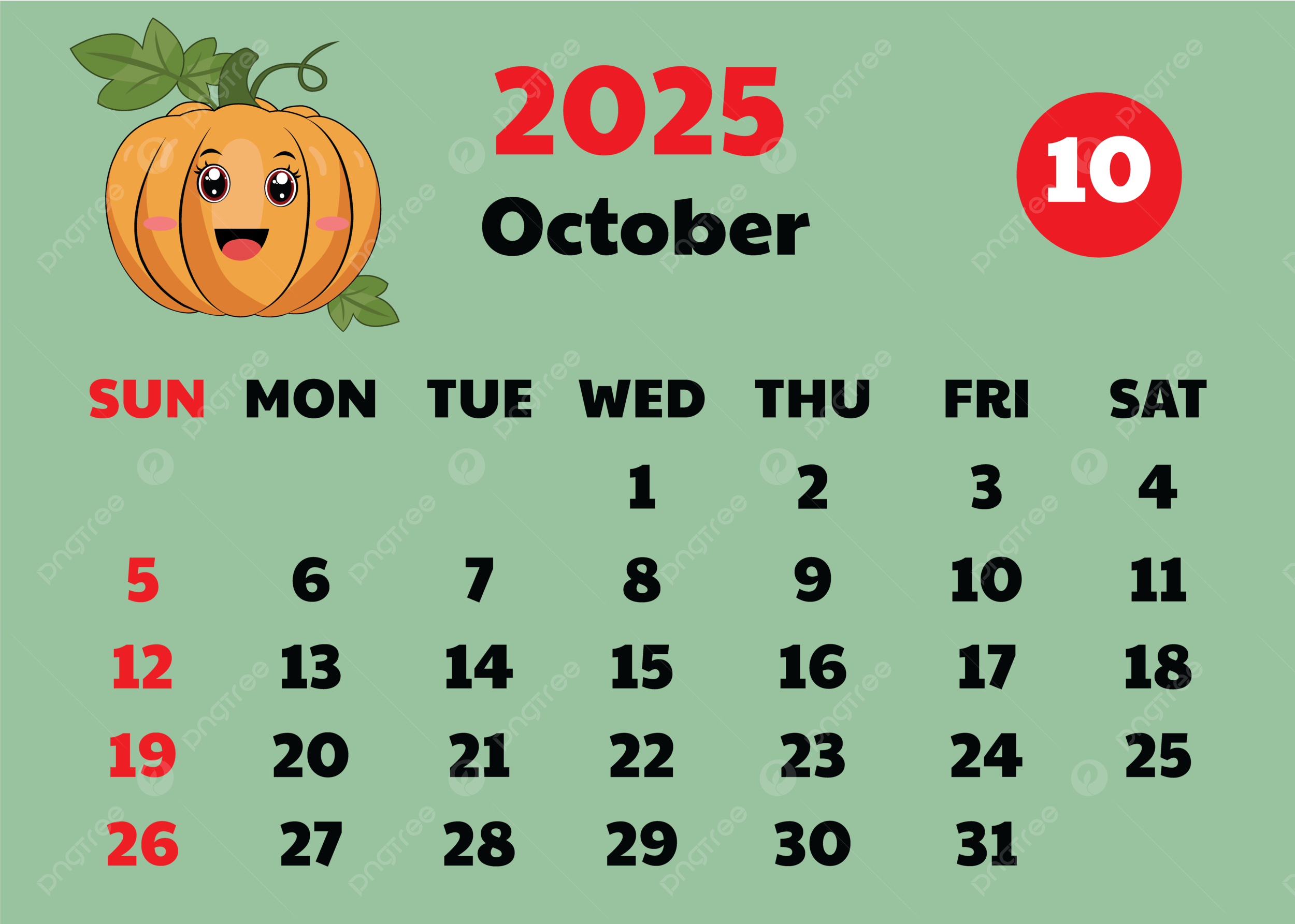 2025 October Calendar Cute Design Vector With Fun Pumpkins Background Template Download On Pngtree