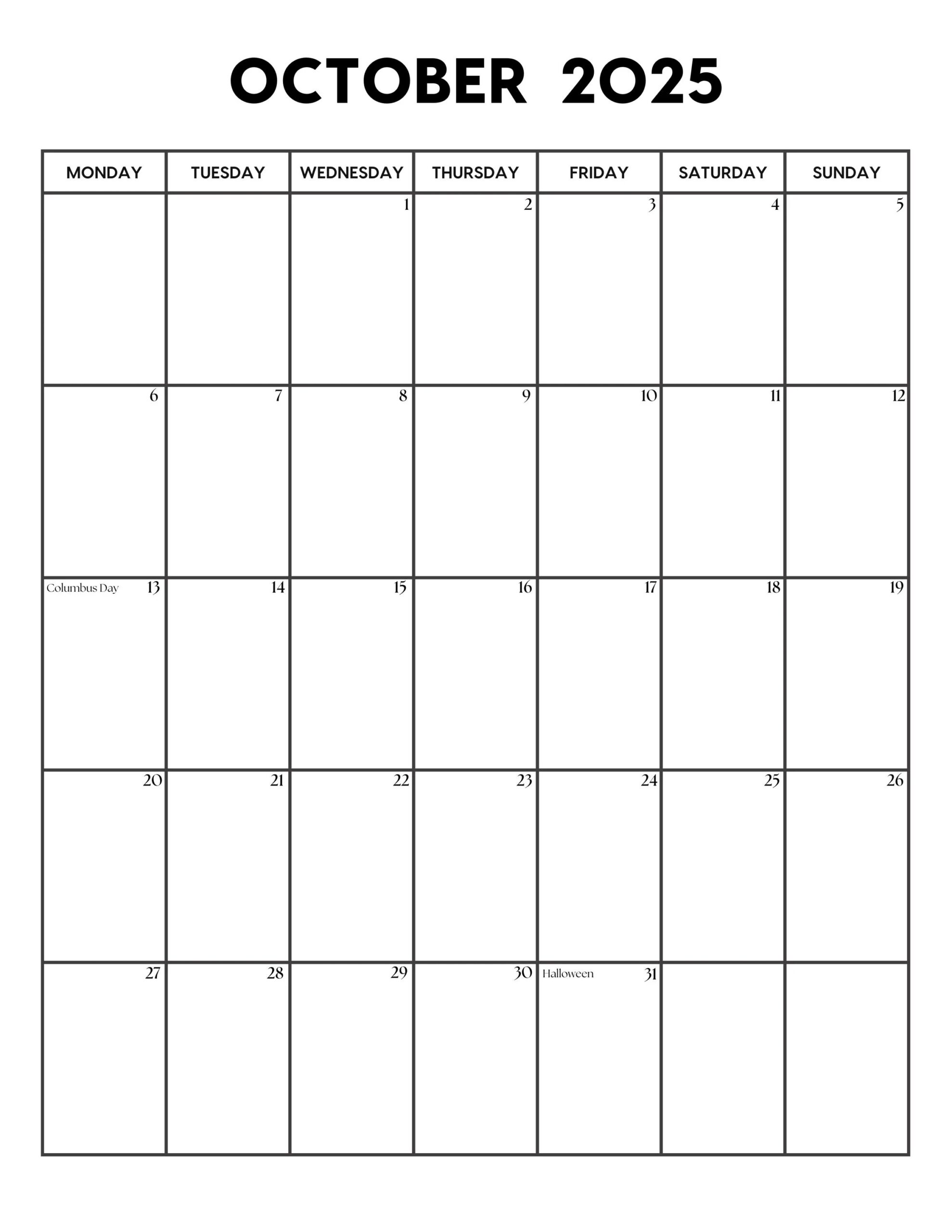 2025 October Calendar With Holidays October Calendar Printable Sunday Monday Start Letter A4 PDF PNG October Planner Etsy