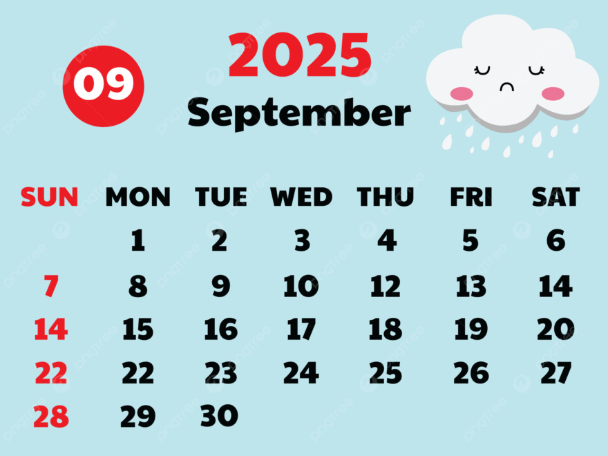 2025 September Calendar Cute Design Vector With Cloud Raindrop Background Template Download On Pngtree