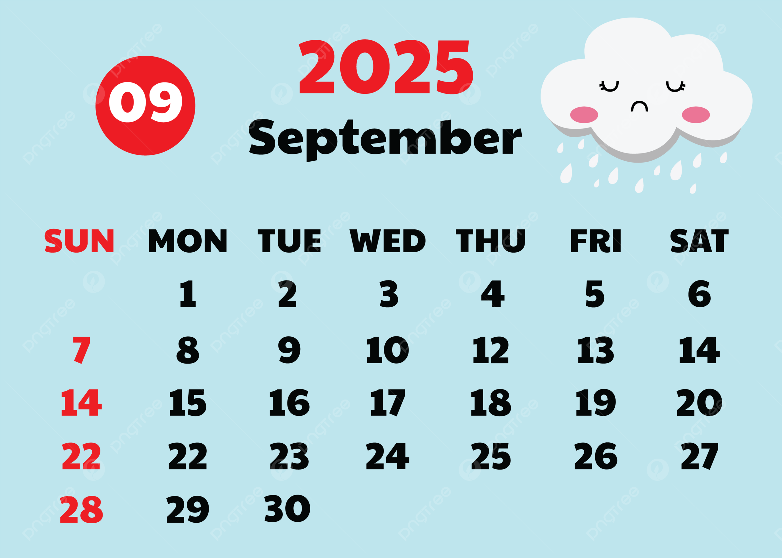 2025 September Calendar Cute Design Vector With Cloud Raindrop Background Template Download On Pngtree