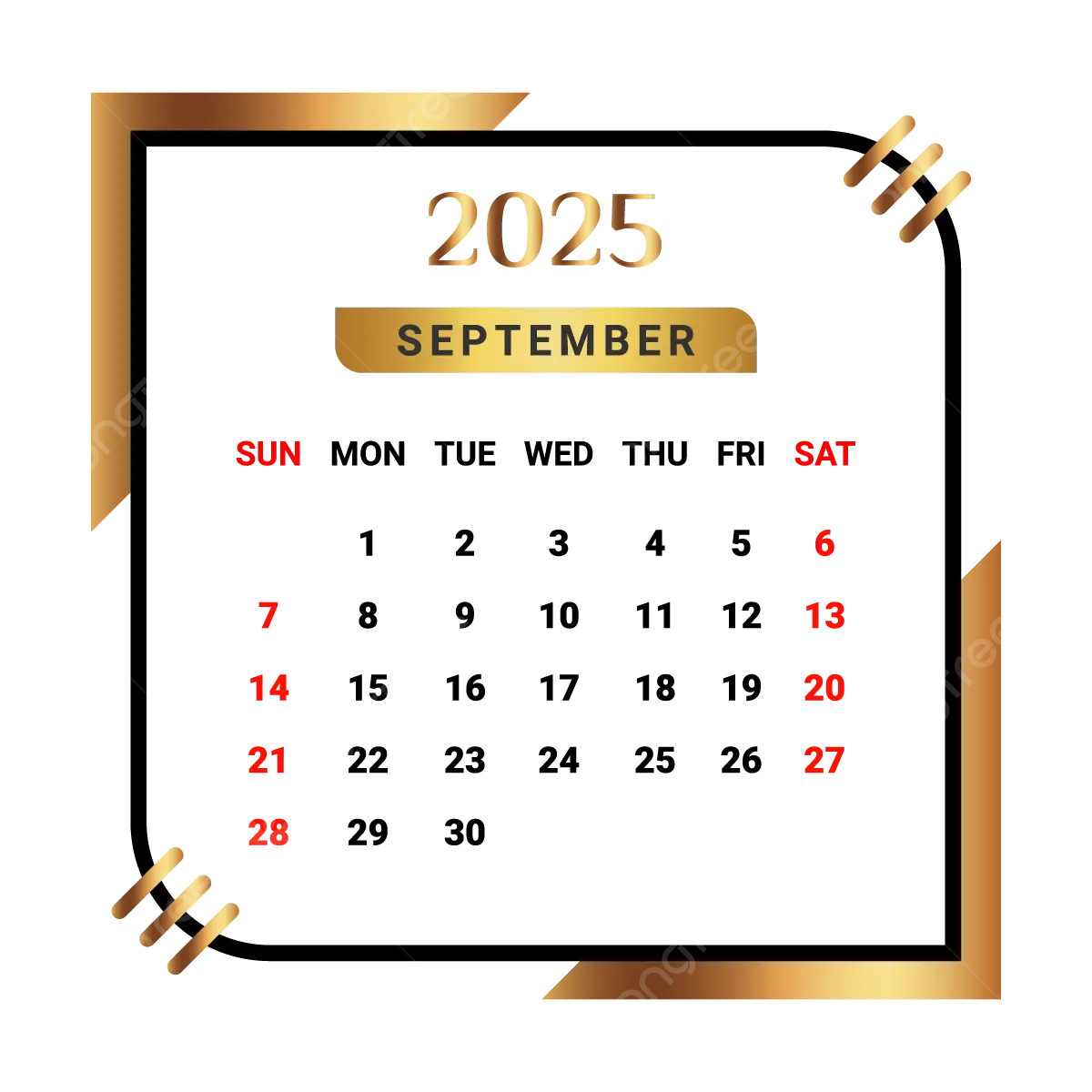 2025 September Month Calendar With Black And Golden Vector Monthly Calendar Calendar September 2025 PNG And Vector With Transparent Background For Free Download