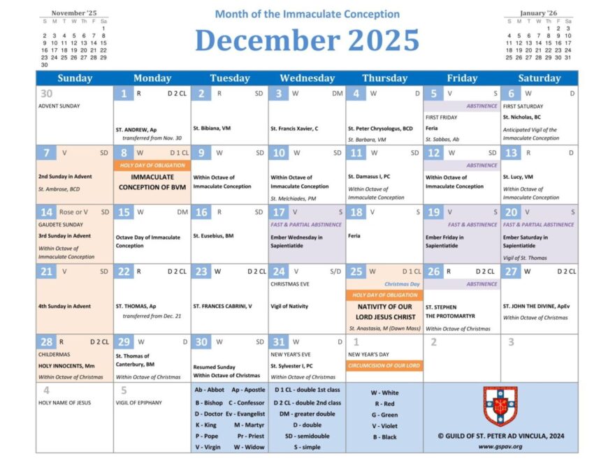 2025 Traditional Catholic Calendar Guild Of St Peter Ad Vincula