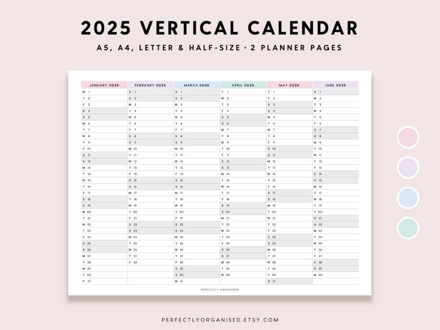 2025 Vertical Calendar 2025 Planner 2025 Foldout Vertical Calendar 2025 Overview Pastel A5 Half size A4 Letter PRINTABLE Etsy Israel