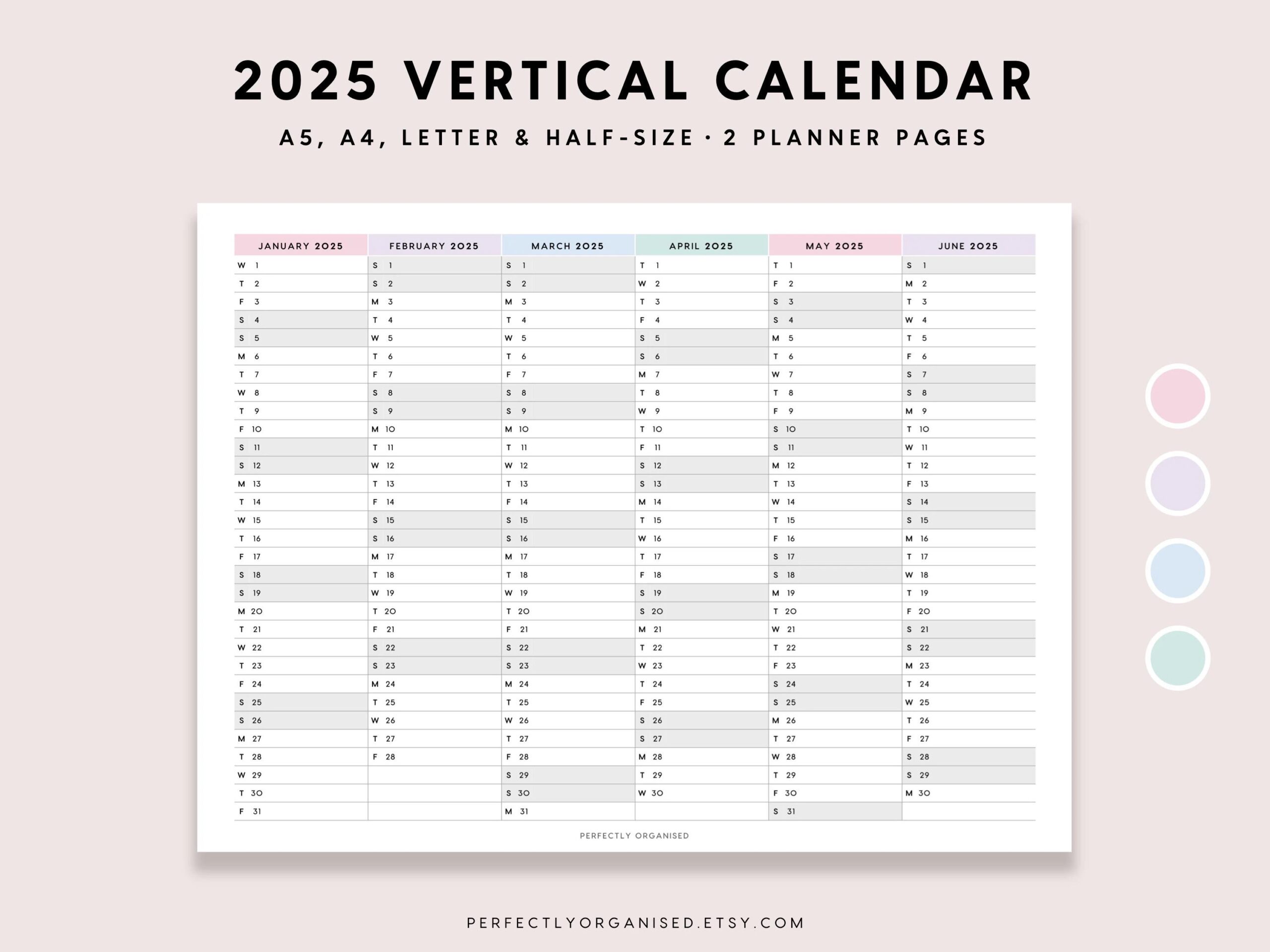 2025 Vertical Calendar 2025 Planner 2025 Foldout Vertical Calendar 2025 Overview Pastel A5 Half size A4 Letter PRINTABLE Etsy Israel