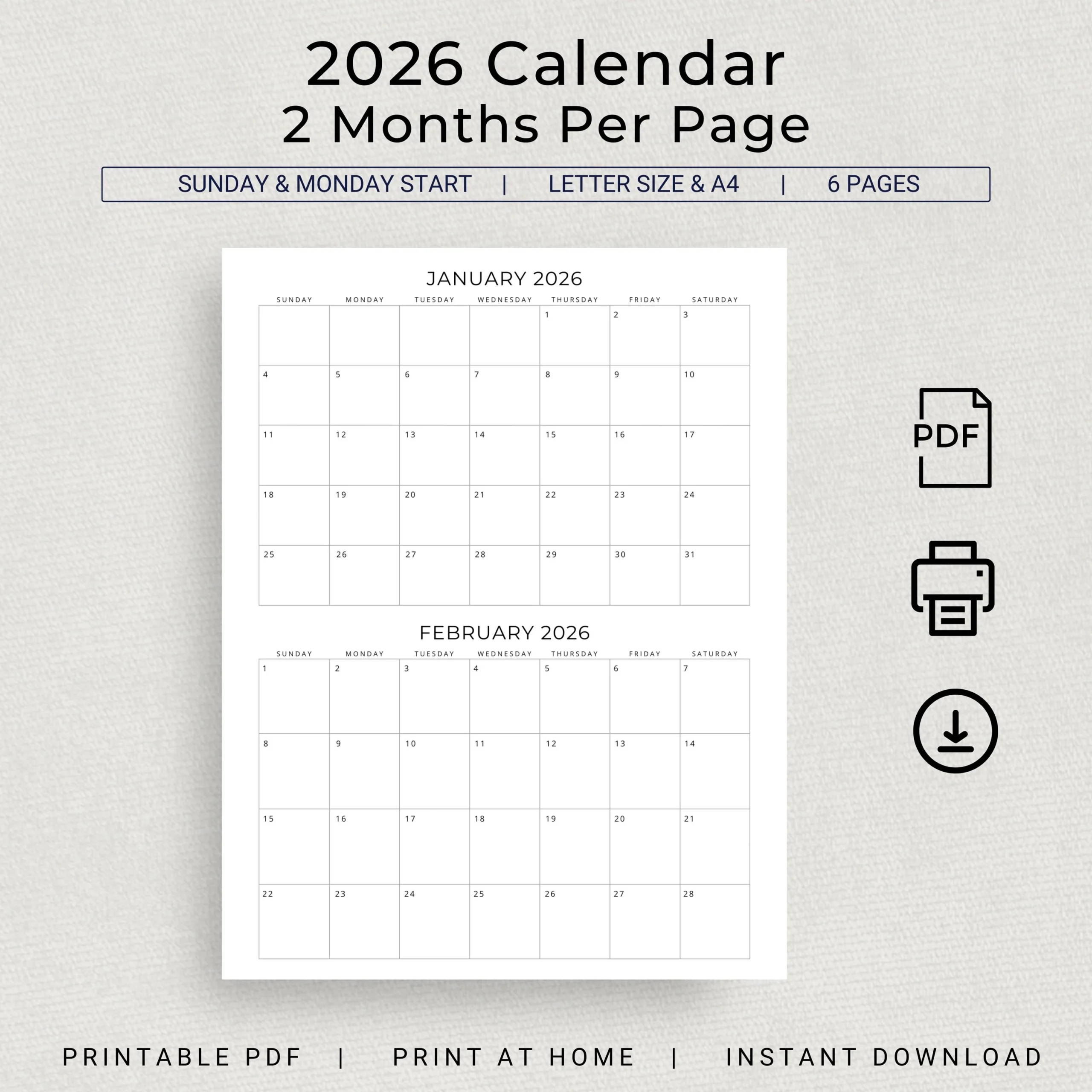Printable 2 Month Calendar 2026