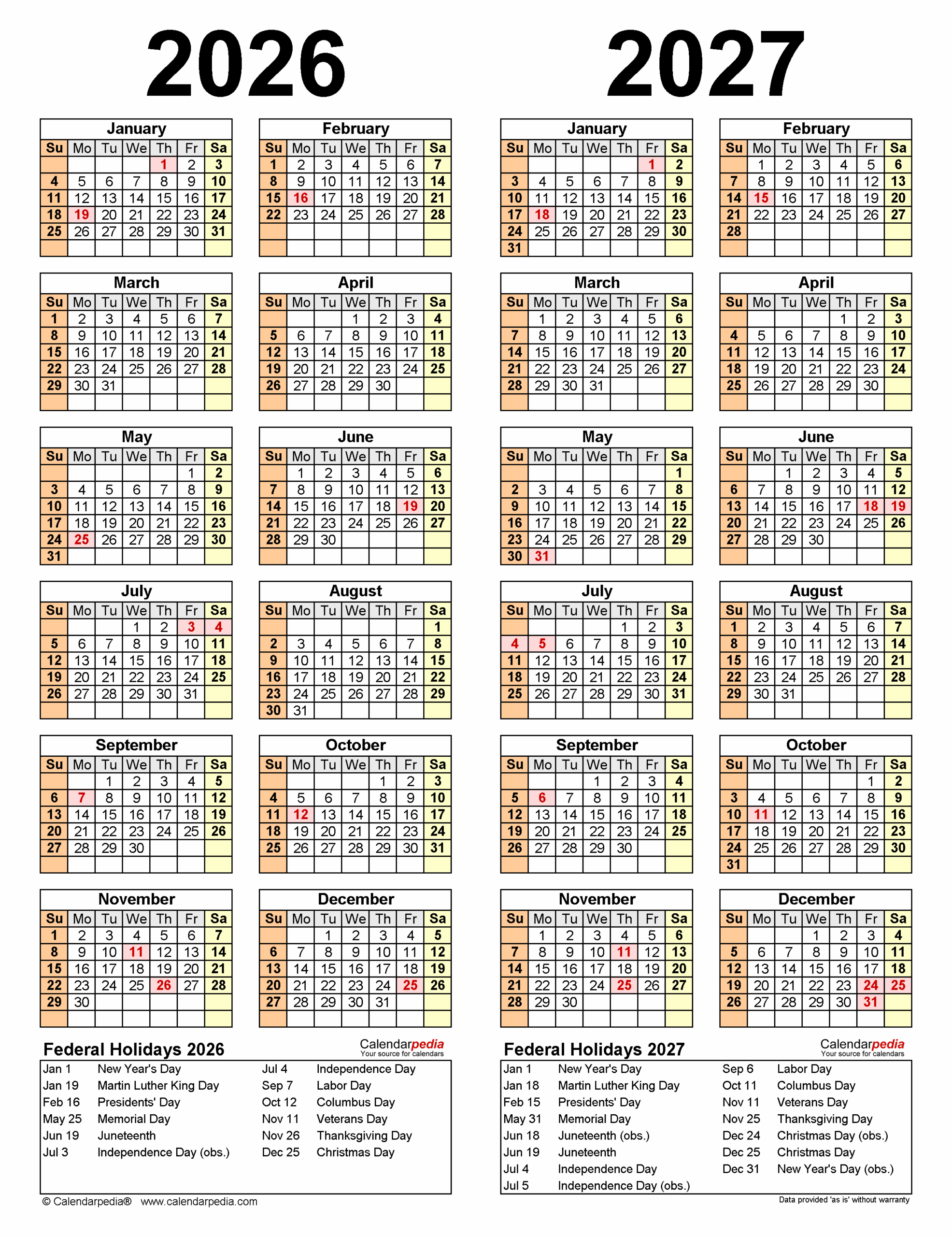 2026/2027 Printable Calendars With Holidays