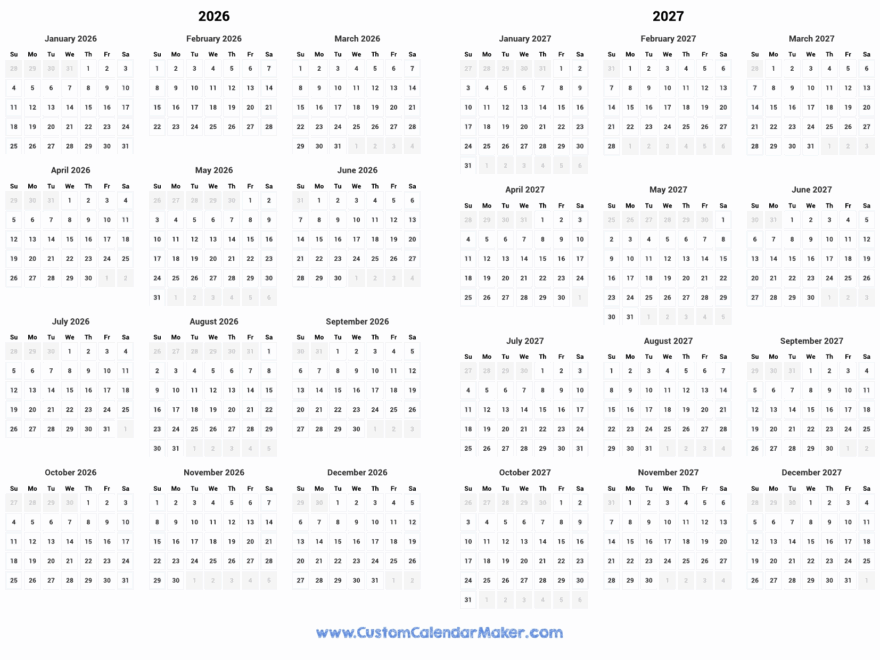 2026 And 2027 Two Year Calendar Custom Calendar Maker
