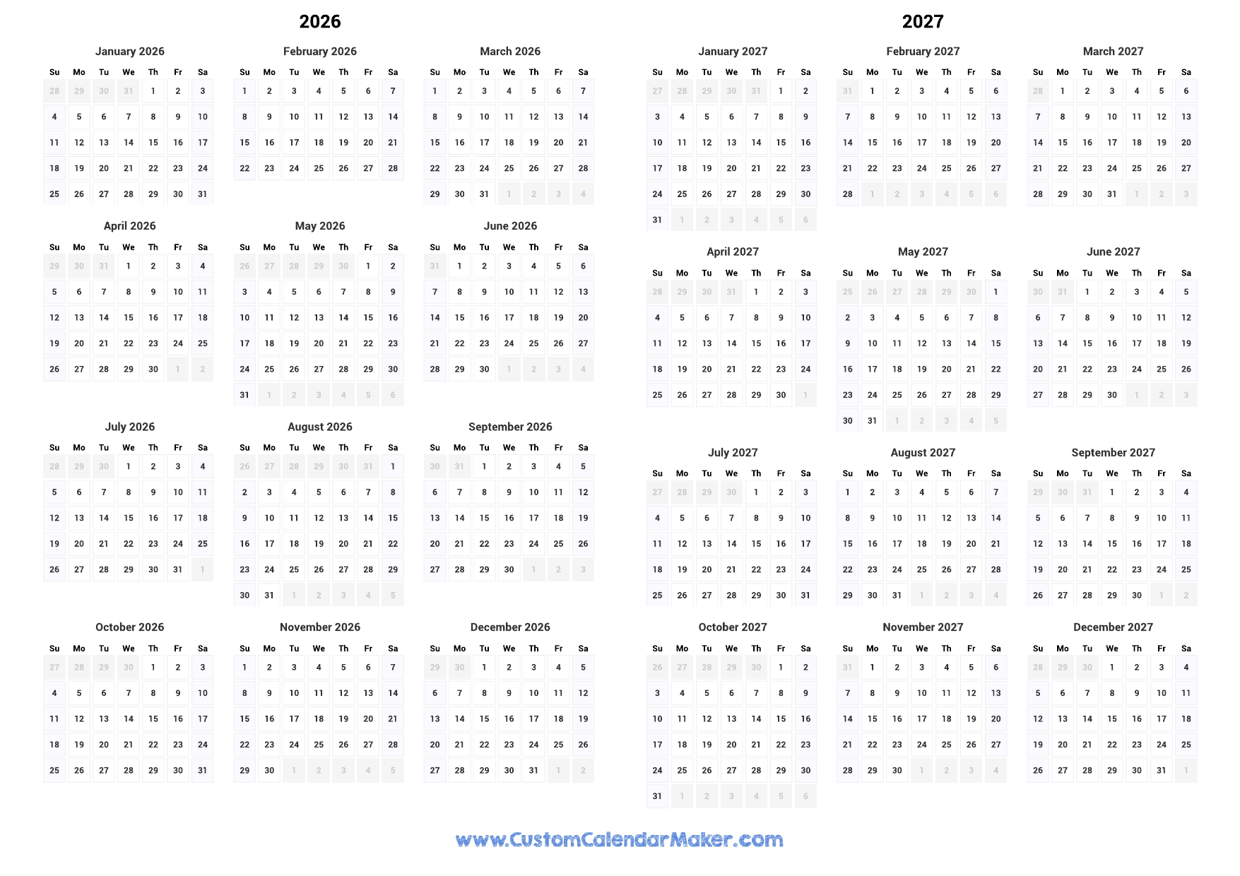 Printable Calendar 2026 And 2027