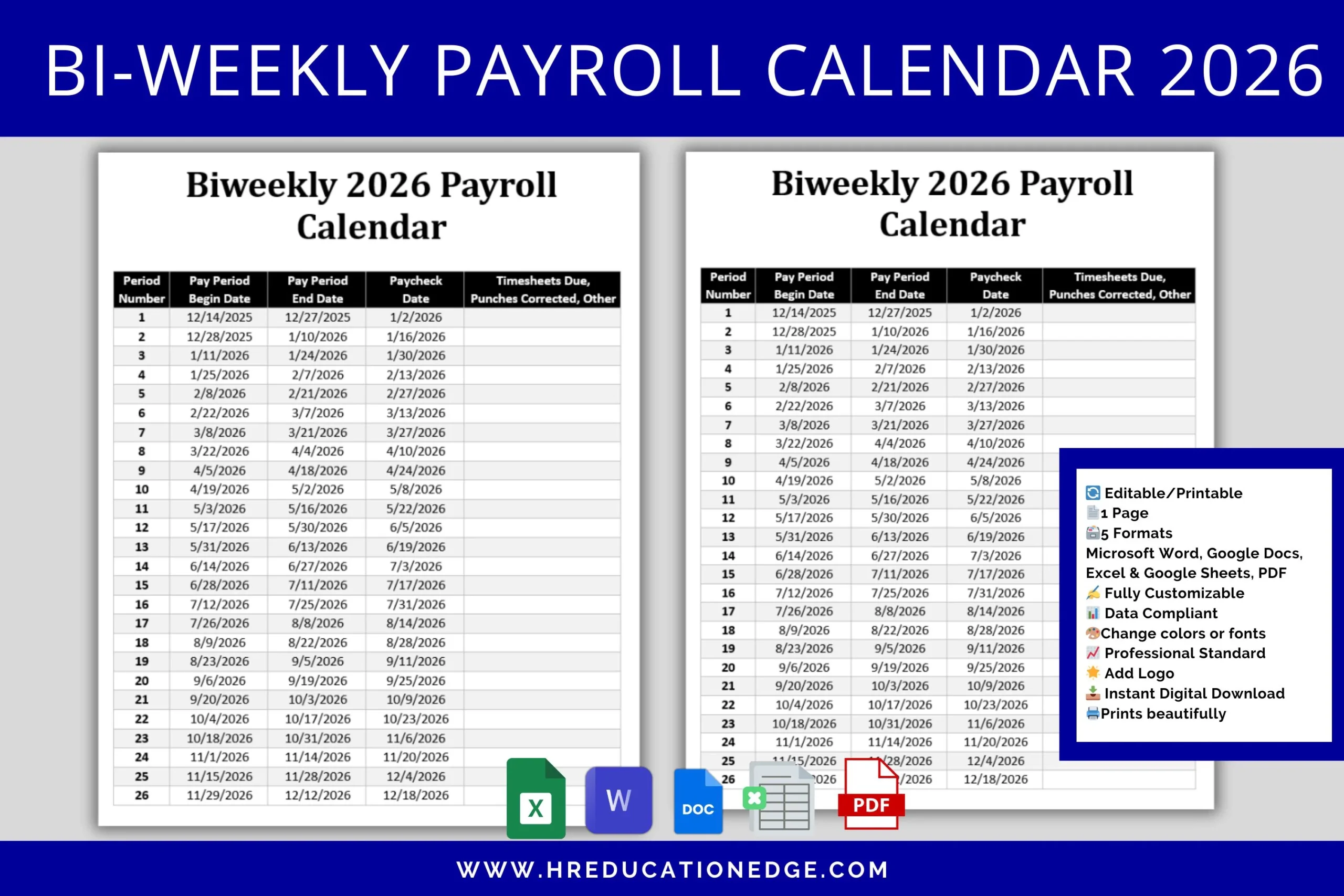 2026 Biweekly Payroll Calendar Editable MS Word Excel digital Download Etsy