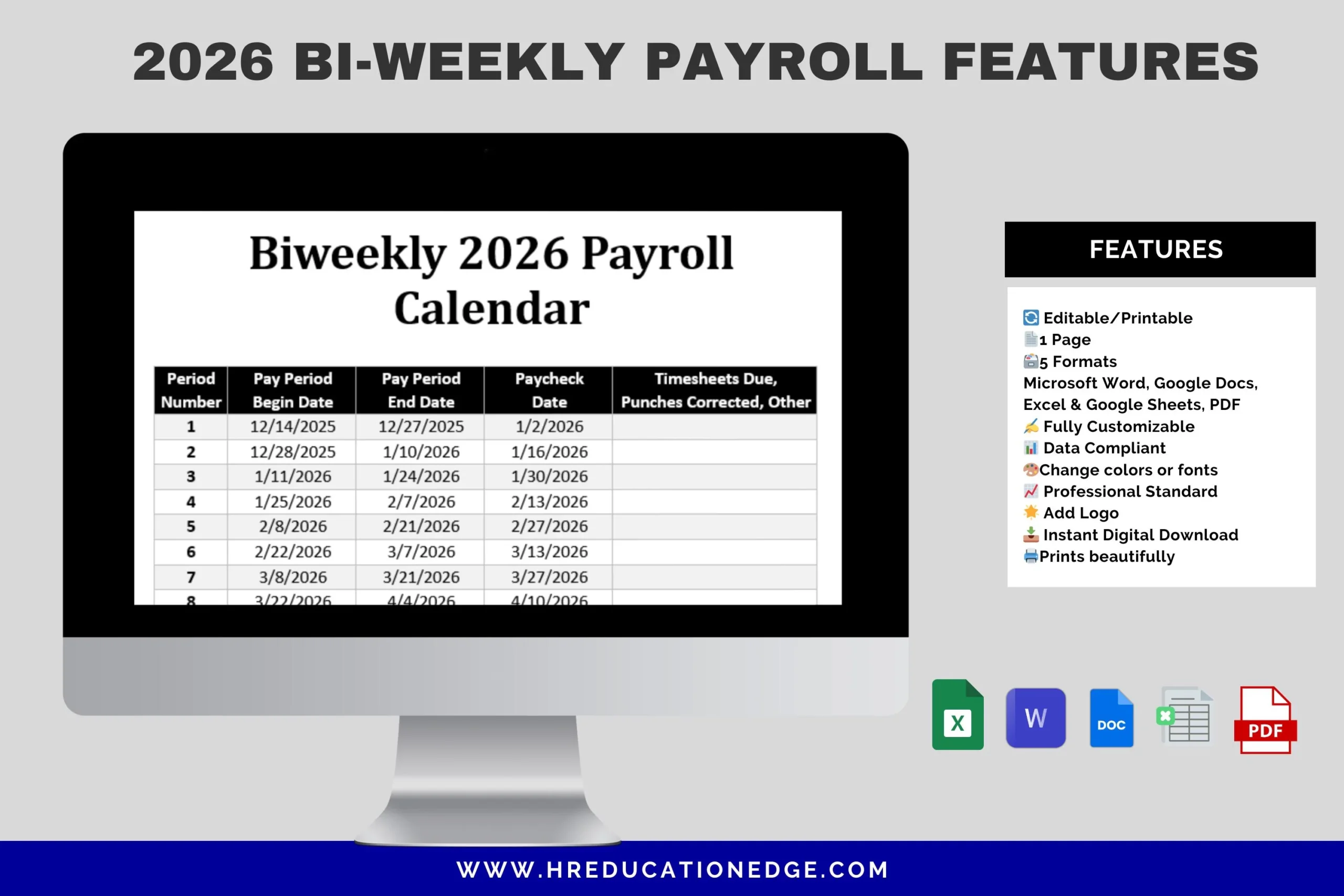 2026 Biweekly Payroll Calendar Printable
