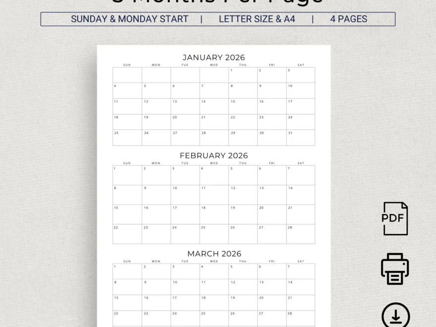 2026 Calendar 2026 3 Months Per Page Calendar Monthly Calendar Planner Printable Quarterly Office Planner 2026 Desk Planner Wall Calendar Etsy