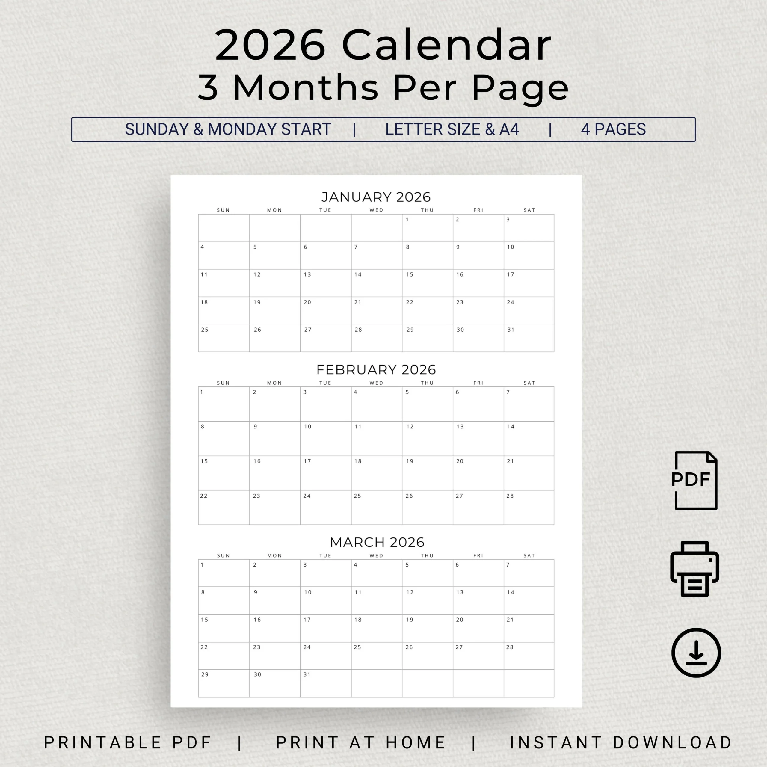 Free Printable 3 Month Calendar 2026